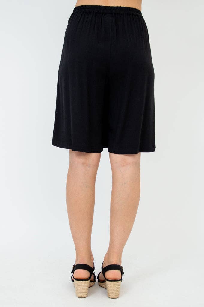 Black Velma Bamboo/Linen Shorts by Blue Sky Clothing Co – Handmade ethical Shorts from sariKNOTsari using upcycled silk. Designed in Canada for travel and slow fashion, loved from Toronto to LA to Sydney.