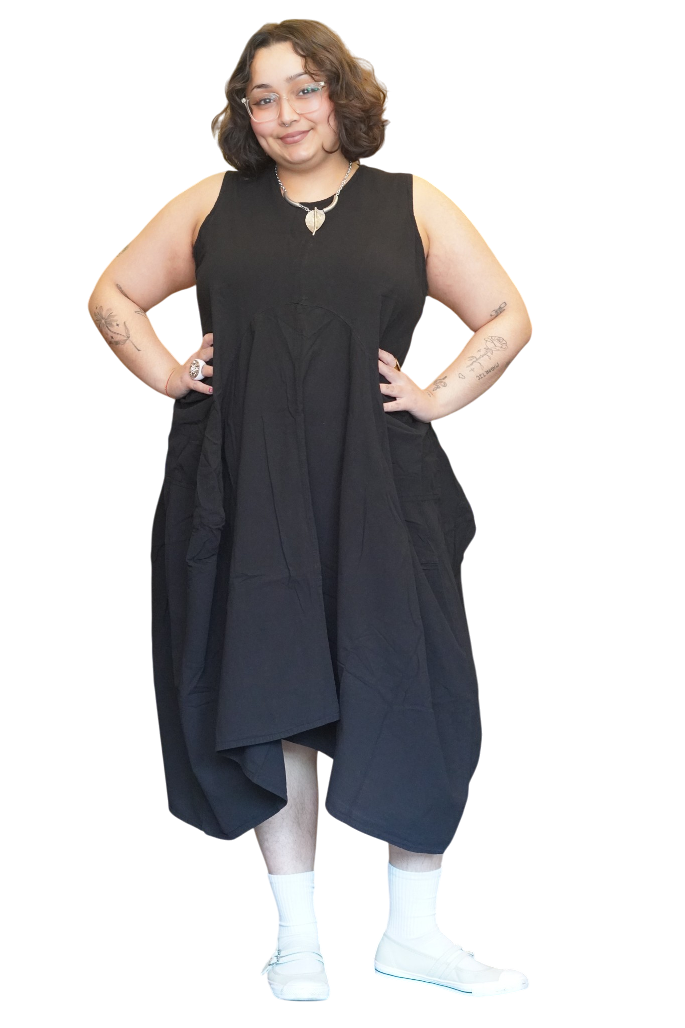 Black Cotton Parachute Dress with Pockets