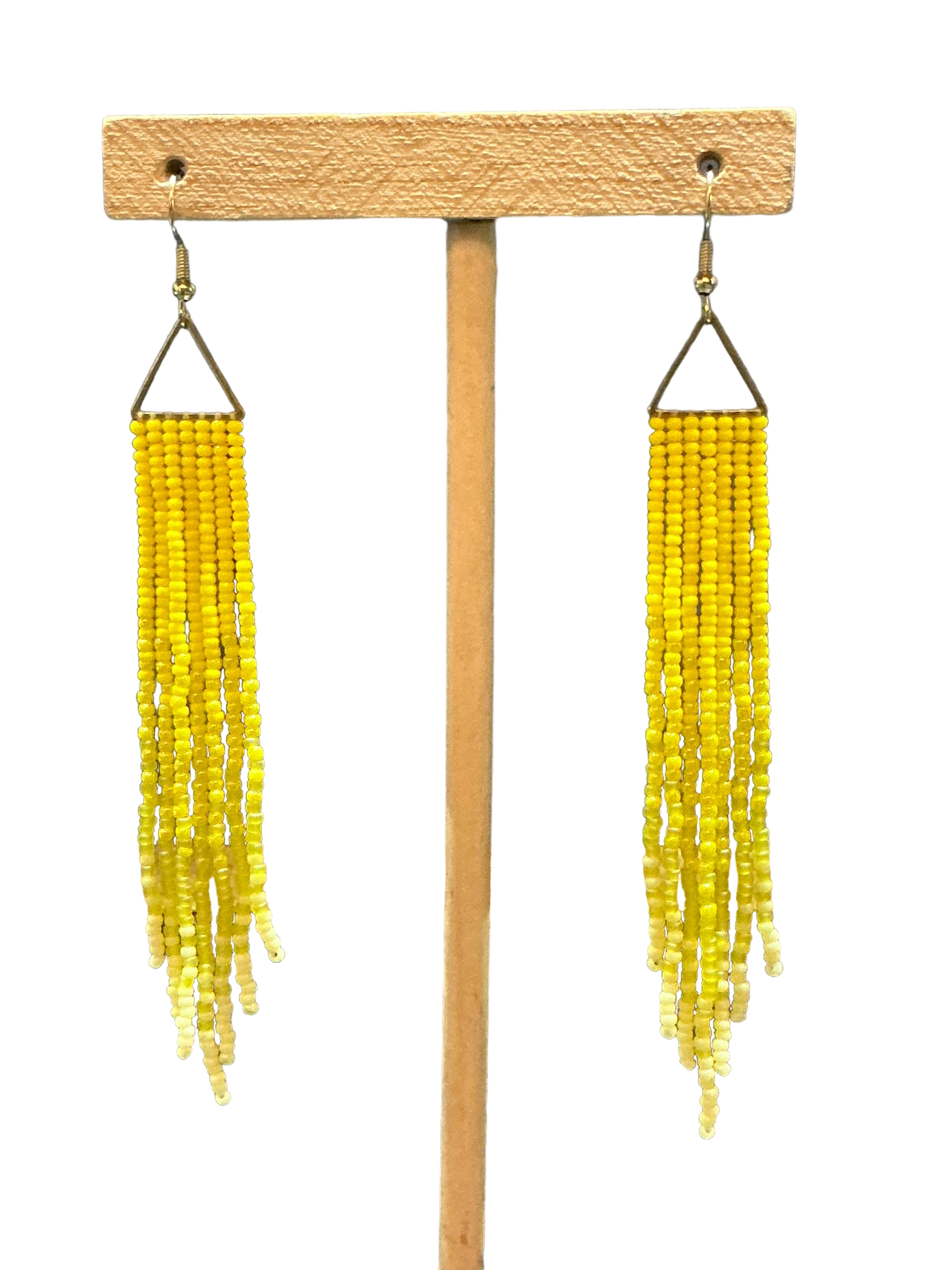 Lemon Mini Triangle Fringe Earrings by Beading Stardust – Handmade ethical Earrings from sariKNOTsari using upcycled silk. Designed in Canada for travel and slow fashion, loved from Toronto to LA to Sydney. Featuring Zsiska, Bryn Walker and Artisan Leather coats by Rejean Pepin, Pepin designs