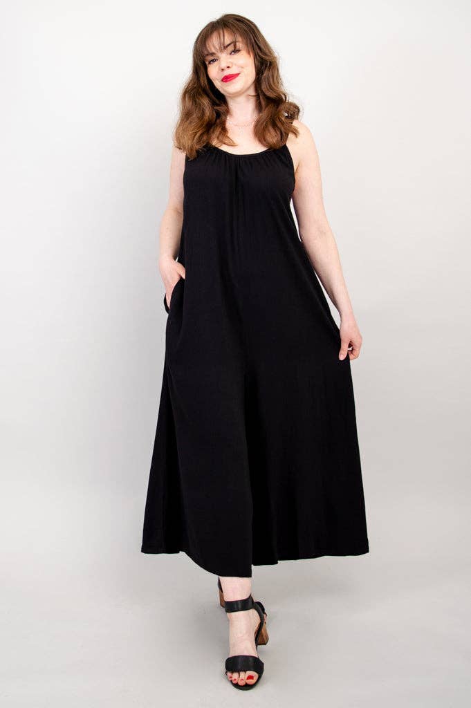 Joanna Black Linen Bamboo Jumpsuit by Blue Sky Clothing Co – Handmade ethical Jumpsuit from sariKNOTsari using upcycled silk. Designed in Canada for travel and slow fashion, loved from Toronto to LA to Sydney.