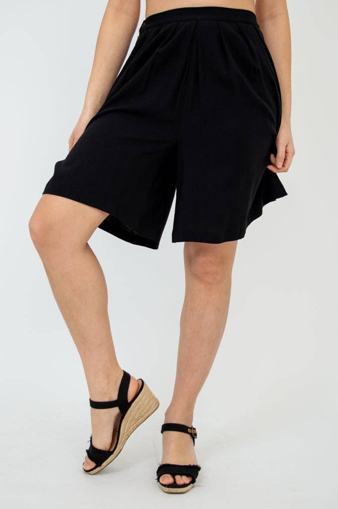Black Velma Bamboo/Linen Shorts by Blue Sky Clothing Co – Handmade ethical Shorts from sariKNOTsari using upcycled silk. Designed in Canada for travel and slow fashion, loved from Toronto to LA to Sydney.