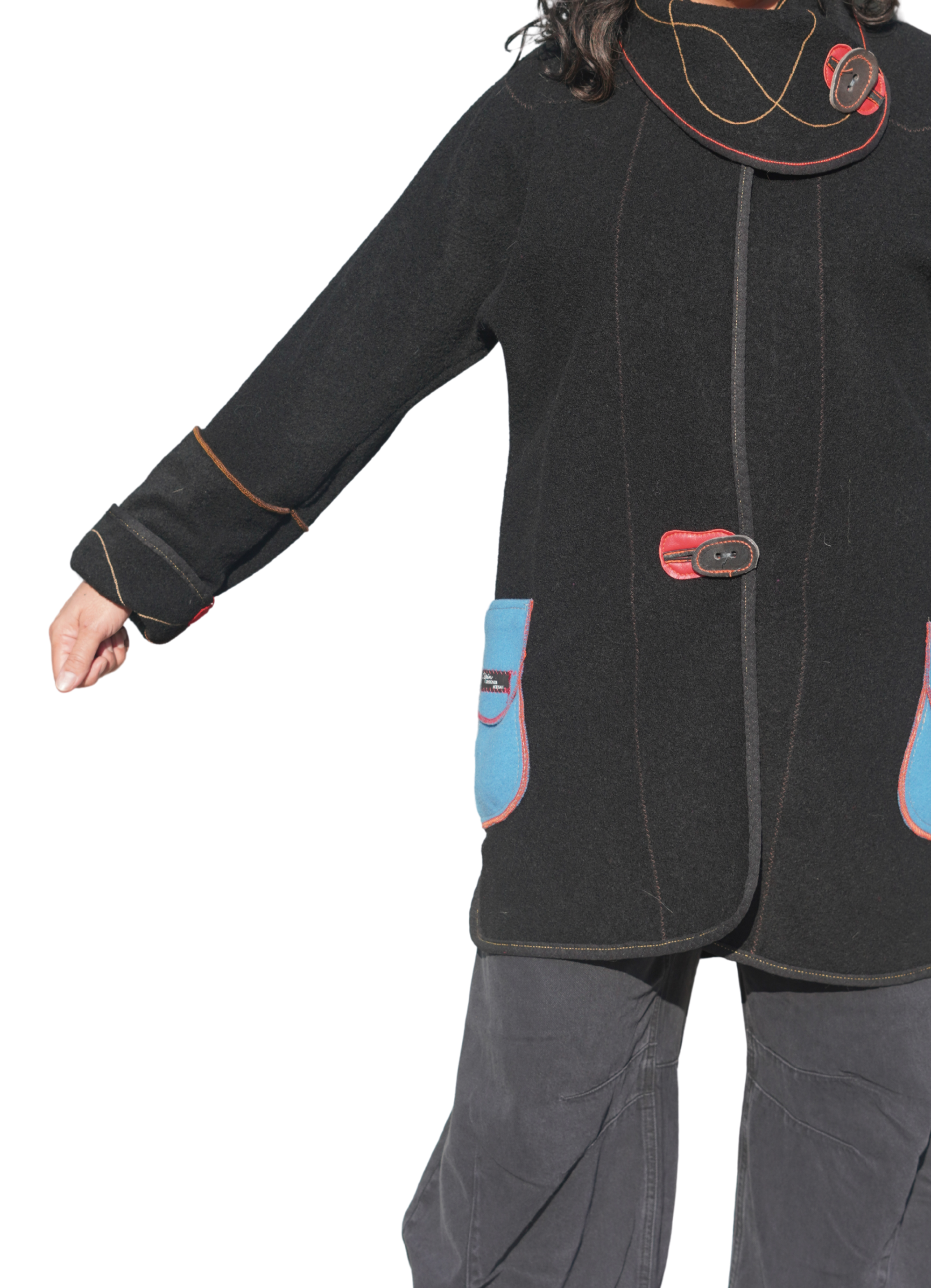 Black Boiled Wool Jacket with Blue Felt Pockets by Pepin Designs #22