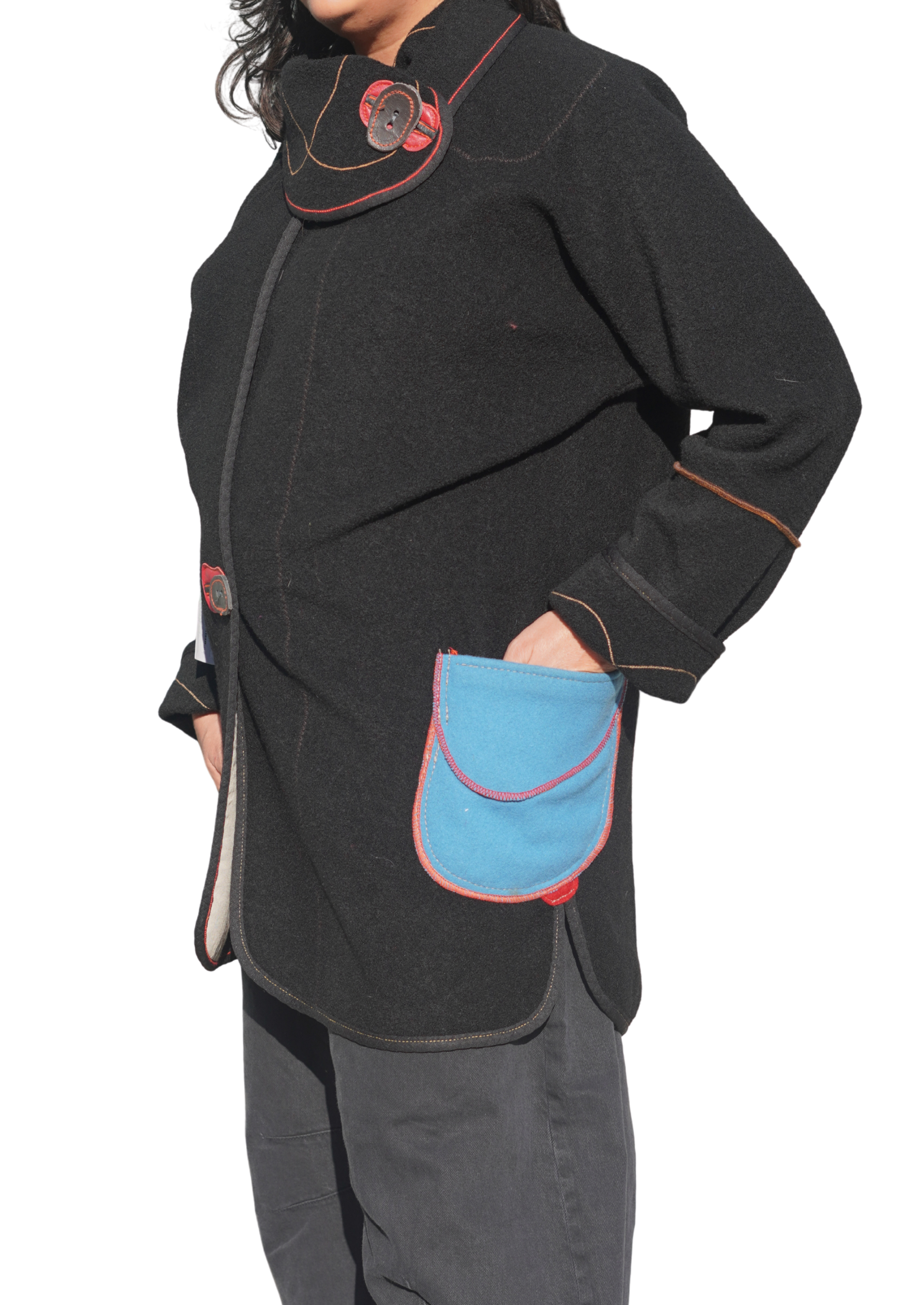 Black Boiled Wool Jacket with Blue Felt Pockets by Pepin Designs #22