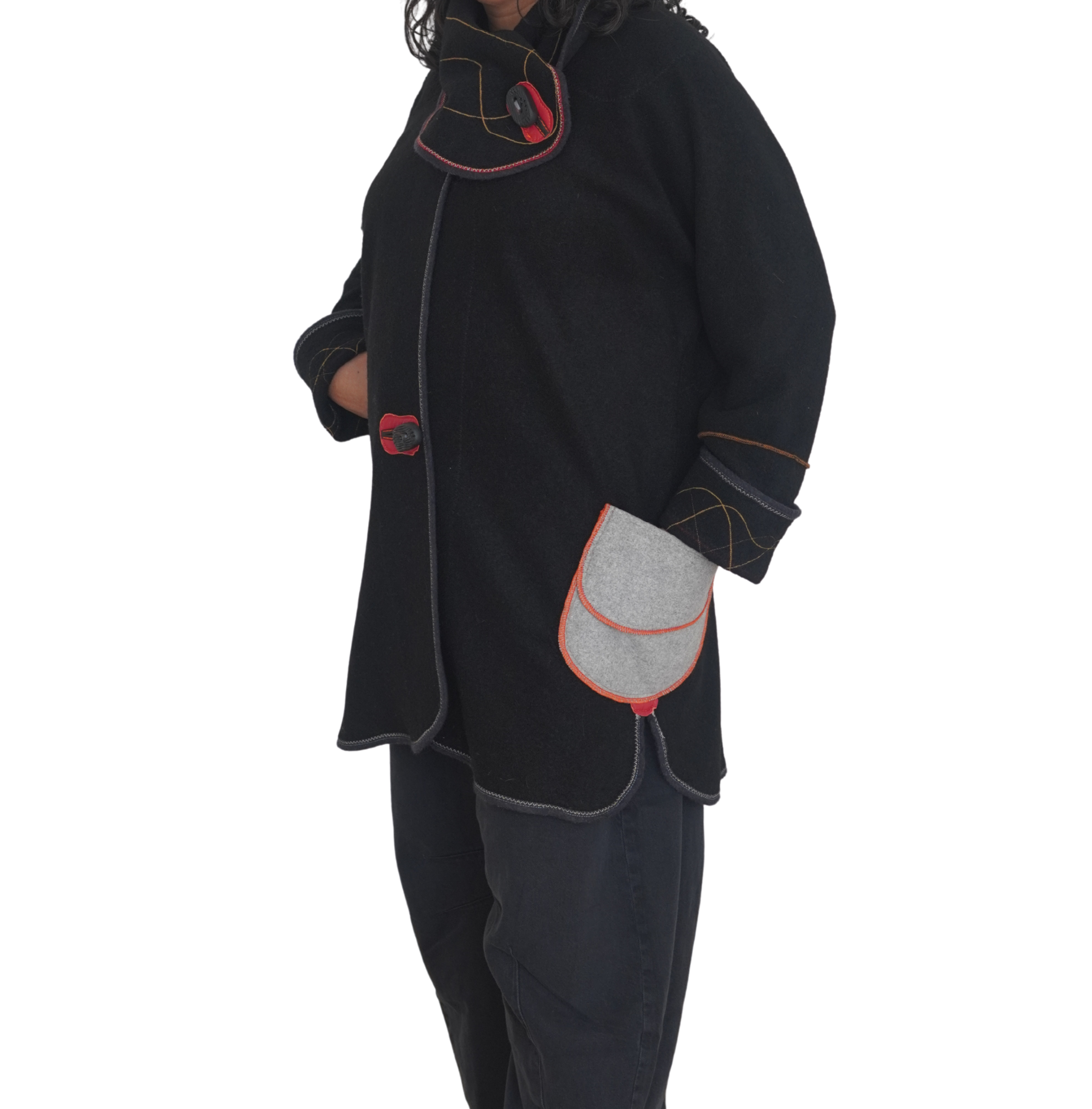 Black Boiled Wool Coat with Embroidered Details by Pepin Designs #23