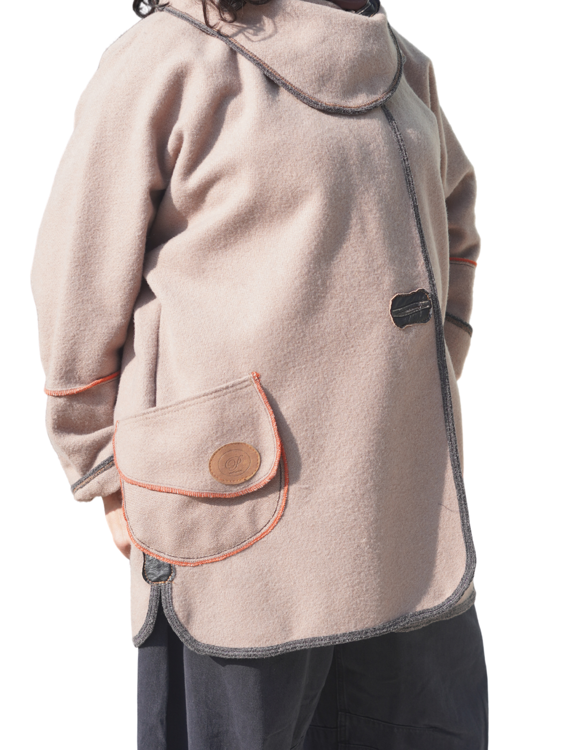 Taupe Textured Wool Coat with Orange Trim by Pepin Designs #25