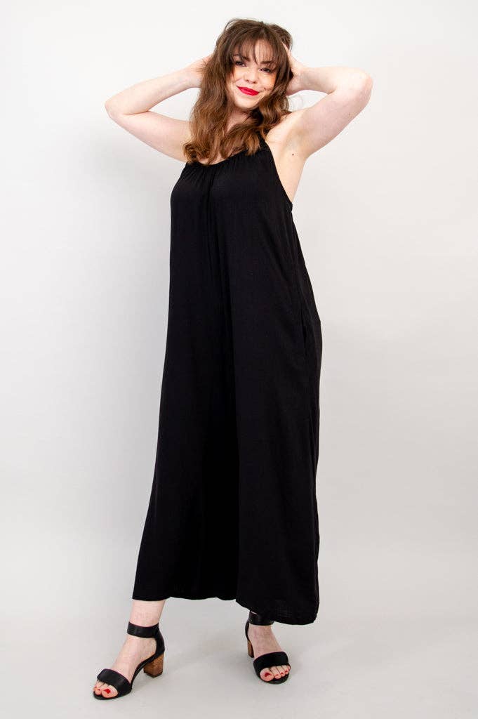 Joanna Black Linen Bamboo Jumpsuit by Blue Sky Clothing Co – Handmade ethical Jumpsuit from sariKNOTsari using upcycled silk. Designed in Canada for travel and slow fashion, loved from Toronto to LA to Sydney.