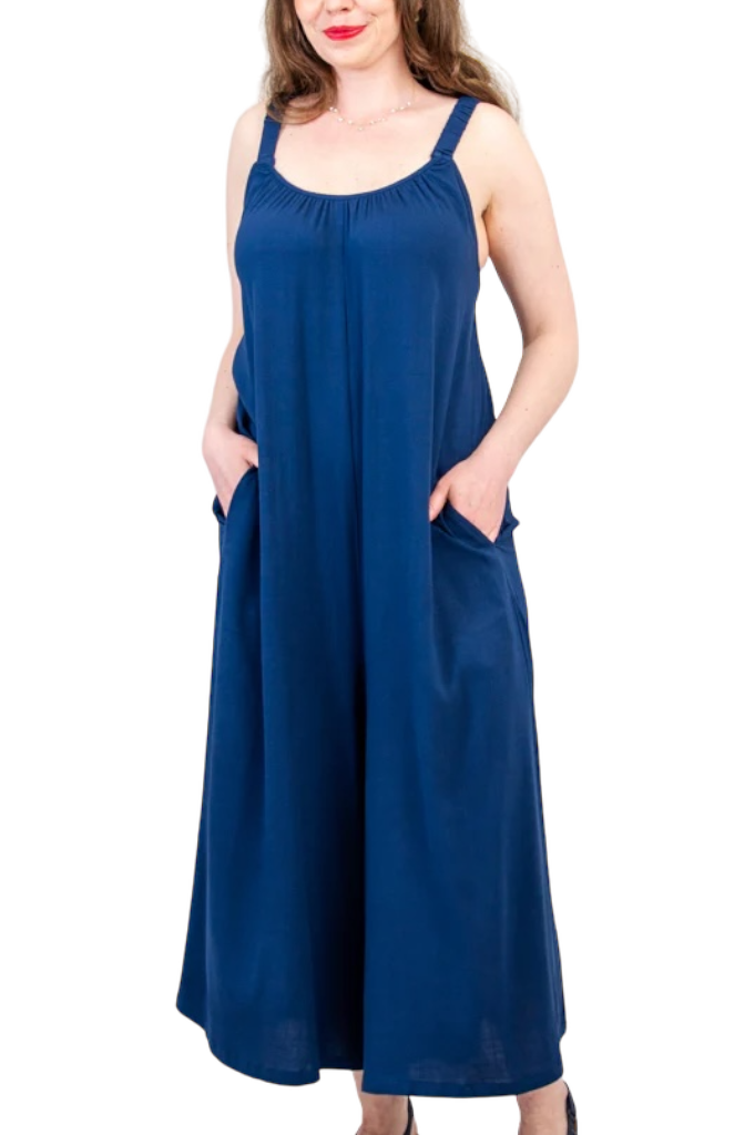 Joanna Indigo Linen Bamboo Jumpsuit by Blue Sky Clothing Co – Handmade ethical Jumpsuit from sariKNOTsari using upcycled silk. Designed in Canada for travel and slow fashion, loved from Toronto to LA to Sydney. Featuring Zsiska, Bryn Walker and Artisan Leather coats by Rejean Pepin, Pepin designs