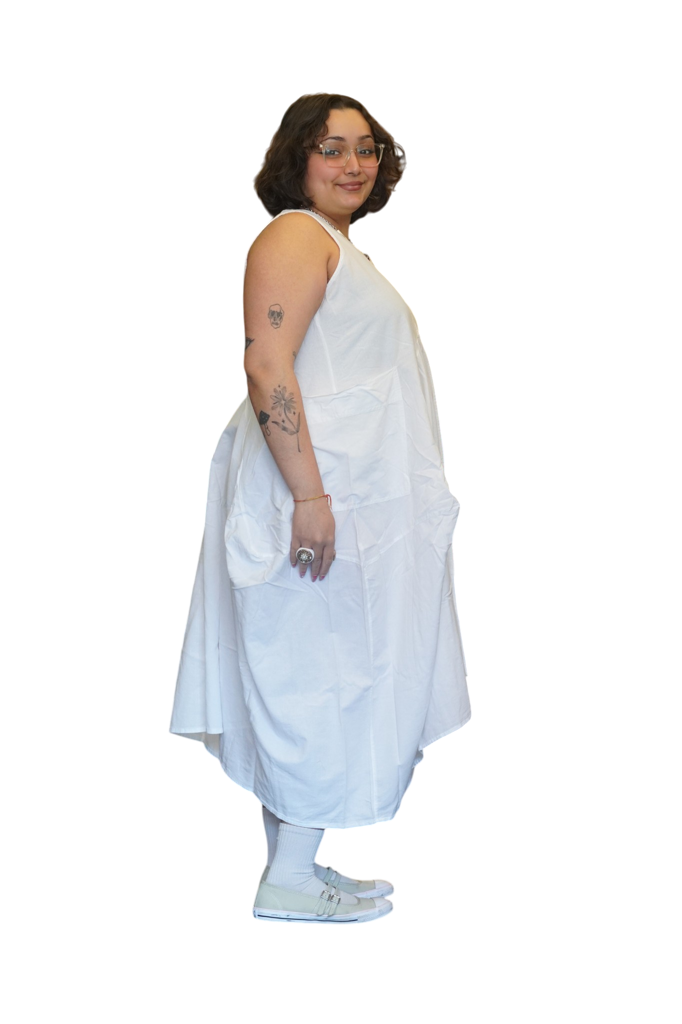White Cotton Parachute Dress with Pockets by Creative Design – Handmade ethical Dress from sariKNOTsari using upcycled silk. Designed in Canada for travel and slow fashion, loved from Toronto to LA to Sydney. Featuring Zsiska, Bryn Walker and Artisan Leather coats by Rejean Pepin, Pepin designs