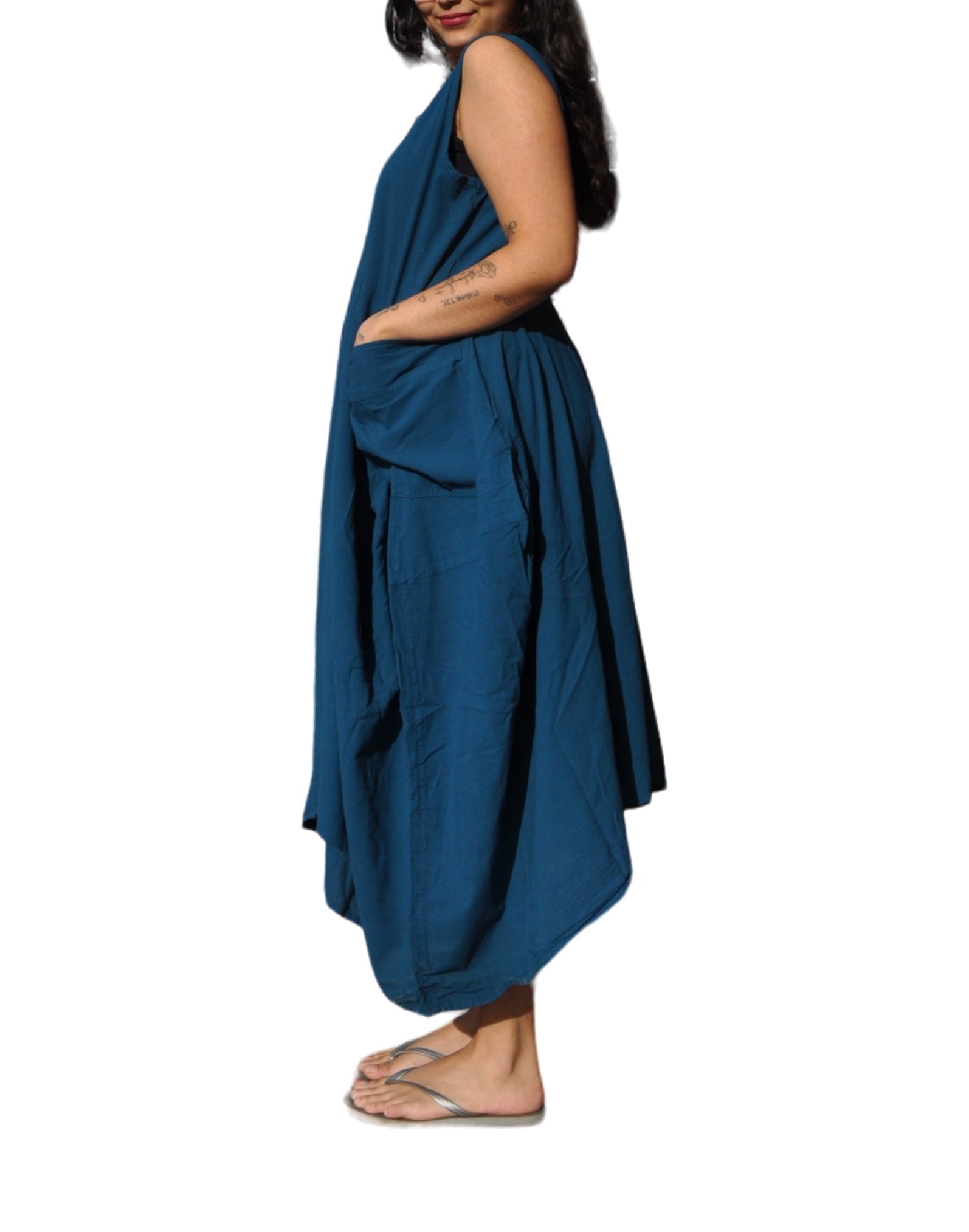 Teal Cotton Parachute Dress with Pockets by Creative Design – Handmade ethical Dress from sariKNOTsari using upcycled silk. Designed in Canada for travel and slow fashion, loved from Toronto to LA to Sydney. Featuring Zsiska, Bryn Walker and Artisan Leather coats by Rejean Pepin, Pepin designs