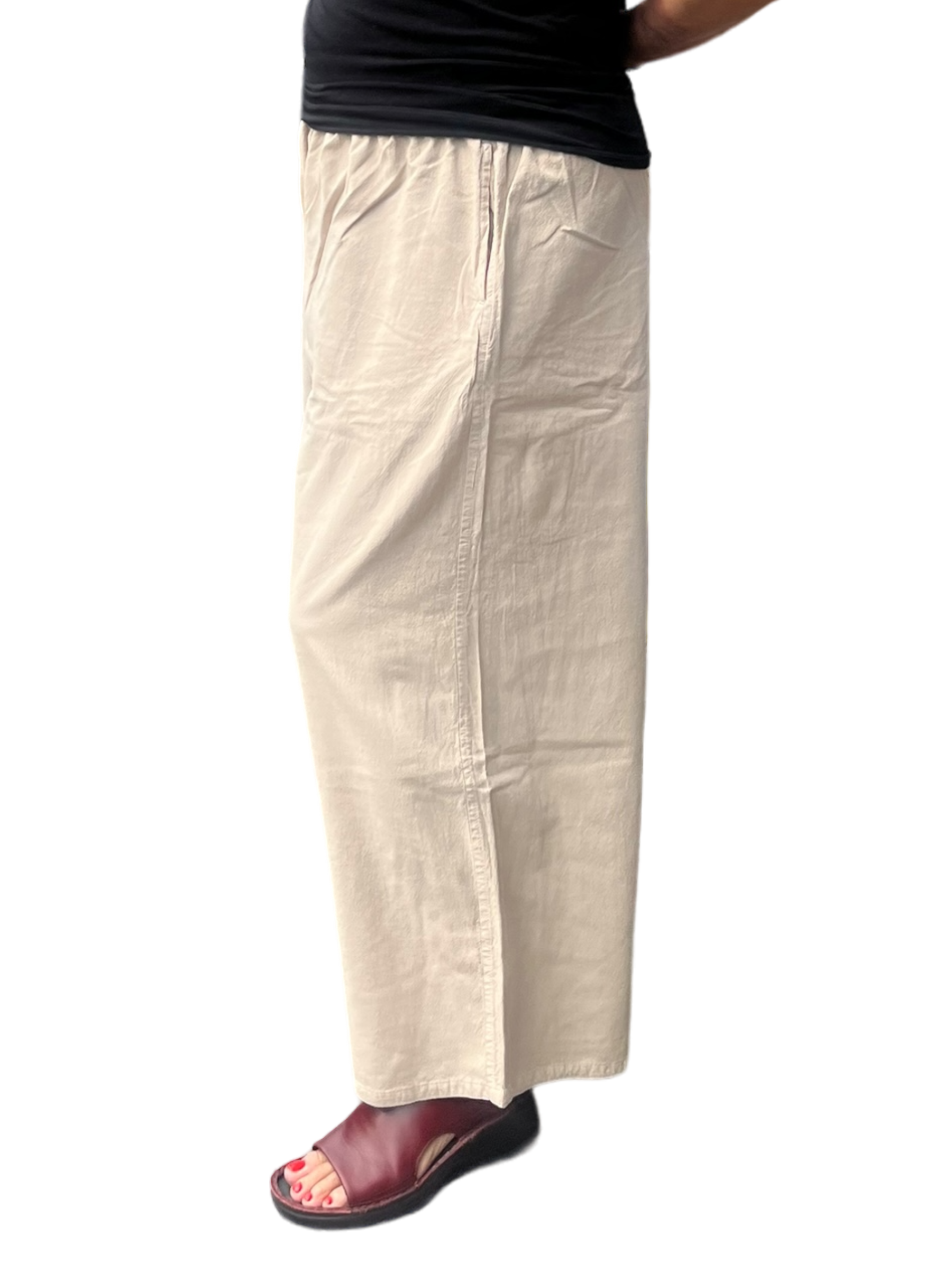 Oatmeal Cotton Palazzo Pants by Creative Design – Handmade ethical Pants/Skirt from sariKNOTsari using upcycled silk. Designed in Canada for travel and slow fashion, loved from Toronto to LA to Sydney. Featuring Zsiska, Bryn Walker and Artisan Leather coats by Rejean Pepin, Pepin designs
