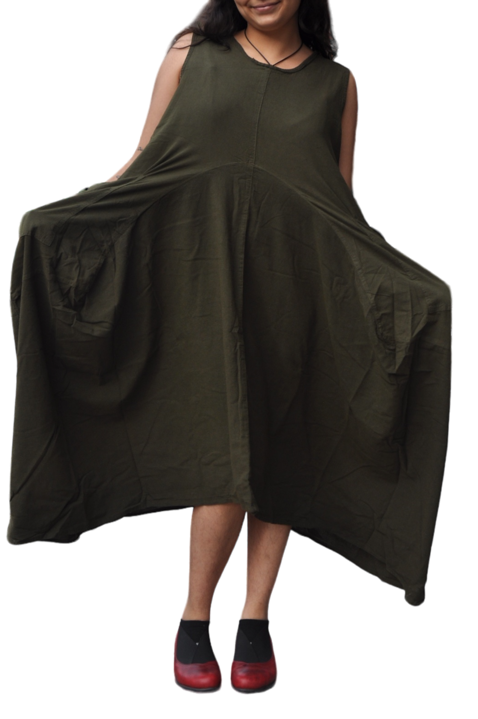 Olive Cotton Parachute Dress with Pockets by Creative Design – Handmade ethical Dress from sariKNOTsari using upcycled silk. Designed in Canada for travel and slow fashion, loved from Toronto to LA to Sydney. Featuring Zsiska, Bryn Walker and Artisan Leather coats by Rejean Pepin, Pepin designs