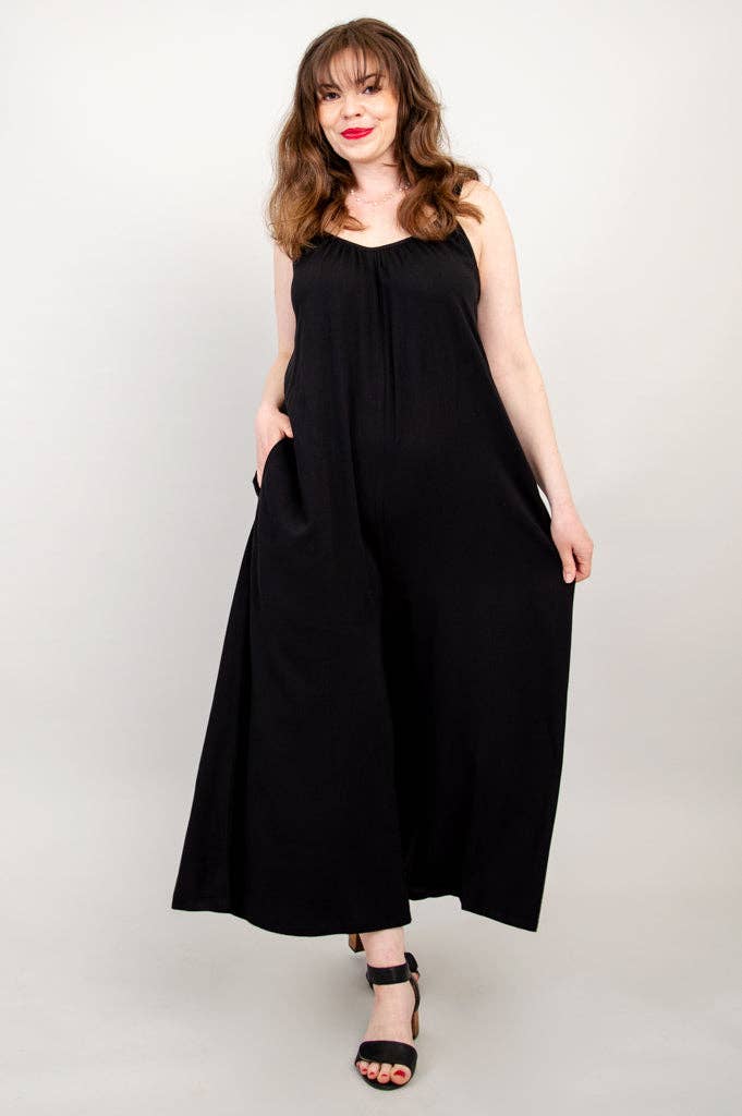 Joanna Black Linen Bamboo Jumpsuit by Blue Sky Clothing Co – Handmade ethical Jumpsuit from sariKNOTsari using upcycled silk. Designed in Canada for travel and slow fashion, loved from Toronto to LA to Sydney.