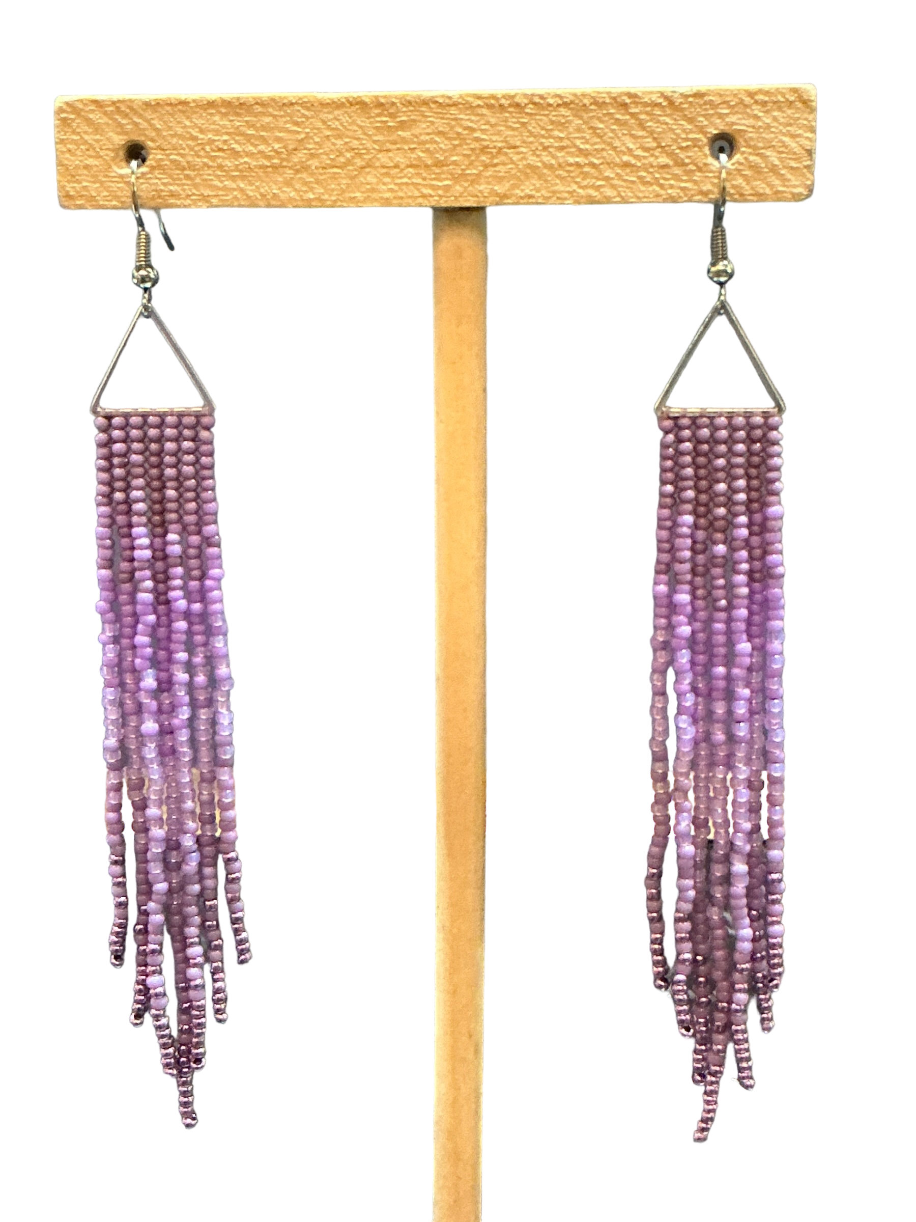 Grape Mini Triangle Fringe Earrings by Beading Stardust – Handmade ethical Earrings from sariKNOTsari using upcycled silk. Designed in Canada for travel and slow fashion, loved from Toronto to LA to Sydney. Featuring Zsiska, Bryn Walker and Artisan Leather coats by Rejean Pepin, Pepin designs