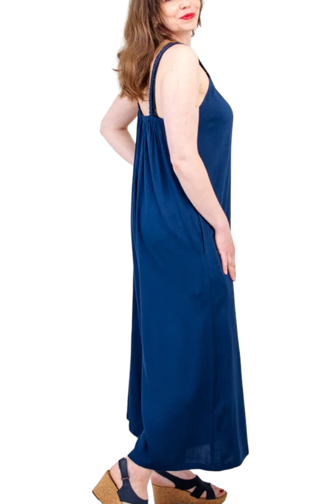 Joanna Indigo Linen Bamboo Jumpsuit by Blue Sky Clothing Co – Handmade ethical Jumpsuit from sariKNOTsari using upcycled silk. Designed in Canada for travel and slow fashion, loved from Toronto to LA to Sydney. Featuring Zsiska, Bryn Walker and Artisan Leather coats by Rejean Pepin, Pepin designs