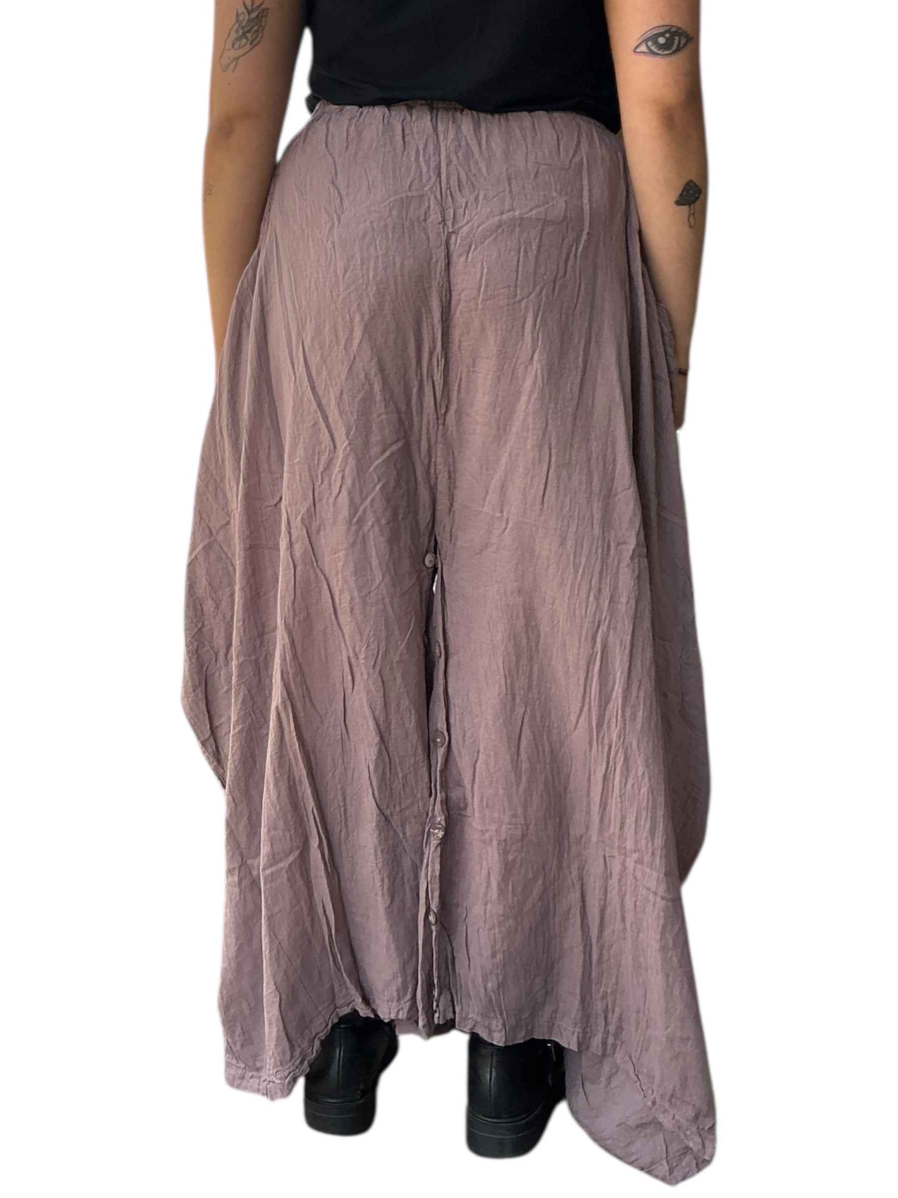 Dusty Mauve Cotton Voile Tashi Versatile Pants/Skirt by Creative Design – Handmade ethical Pants/Skirt from sariKNOTsari using upcycled silk. Designed in Canada for travel and slow fashion, loved from Toronto to LA to Sydney. Featuring Zsiska, Bryn Walker and Artisan Leather coats by Rejean Pepin, Pepin designs