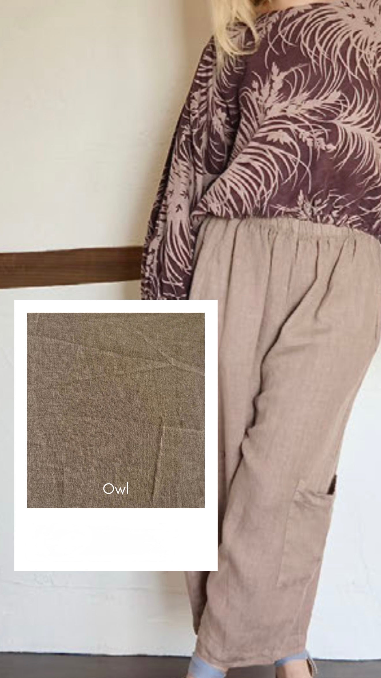 Owl Spring 2026 Bryn Walker Linen PRE ORDER by BWSPRING2026 – Handmade ethical Pants from sariKNOTsari using upcycled silk. Designed in Canada for travel and slow fashion, loved from Toronto to LA to Sydney.