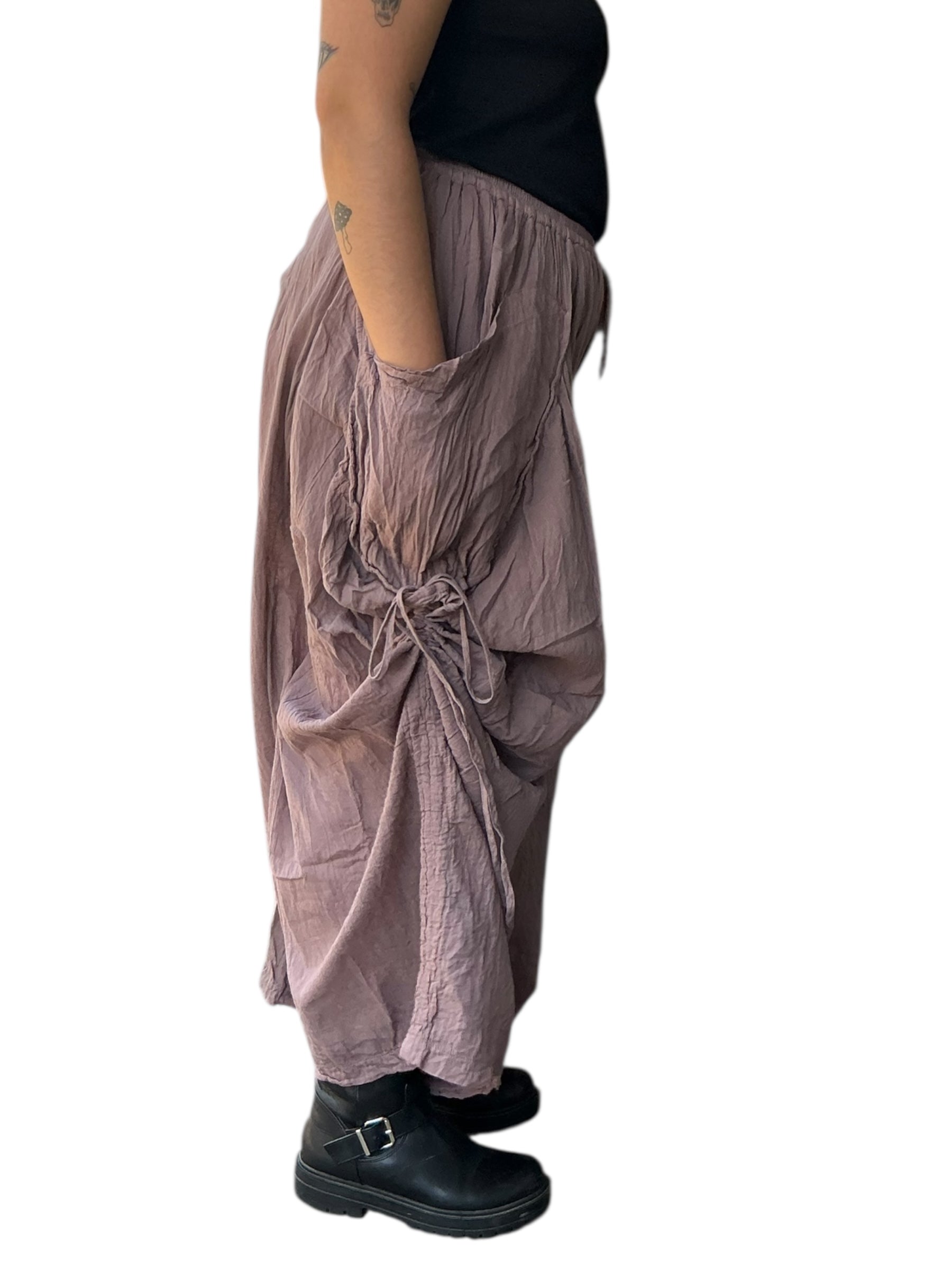 Dusty Mauve Cotton Voile Tashi Versatile Pants/Skirt by Creative Design – Handmade ethical Pants/Skirt from sariKNOTsari using upcycled silk. Designed in Canada for travel and slow fashion, loved from Toronto to LA to Sydney. Featuring Zsiska, Bryn Walker and Artisan Leather coats by Rejean Pepin, Pepin designs