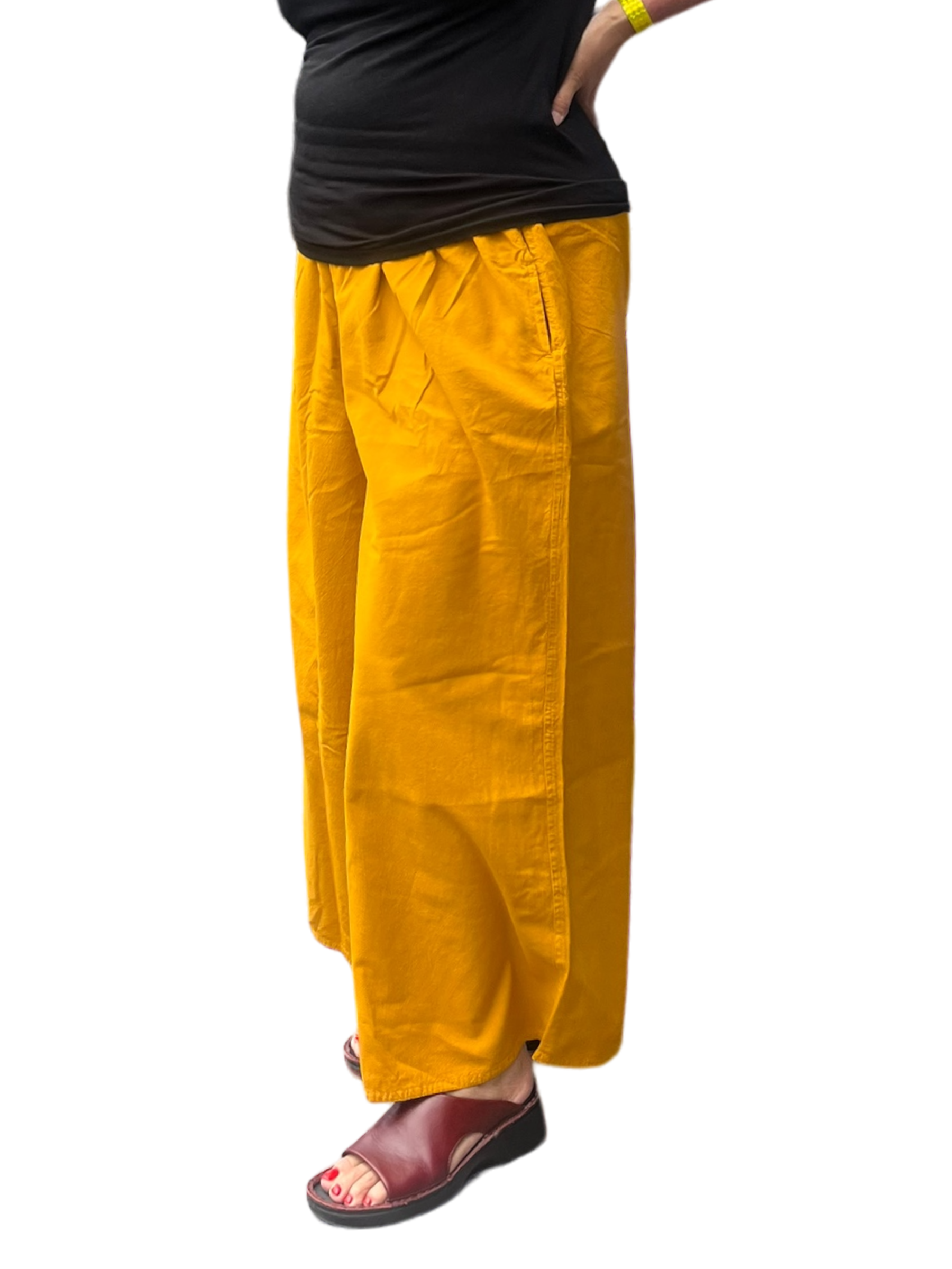 Mustard Cotton Palazzo Pants by Creative Design – Handmade ethical Pants/Skirt from sariKNOTsari using upcycled silk. Designed in Canada for travel and slow fashion, loved from Toronto to LA to Sydney. Featuring Zsiska, Bryn Walker and Artisan Leather coats by Rejean Pepin, Pepin designs