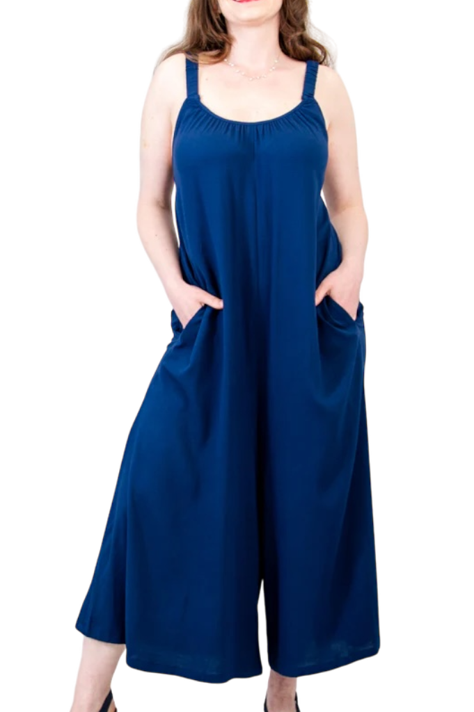 Joanna Indigo Linen Bamboo Jumpsuit by Blue Sky Clothing Co – Handmade ethical Jumpsuit from sariKNOTsari using upcycled silk. Designed in Canada for travel and slow fashion, loved from Toronto to LA to Sydney. Featuring Zsiska, Bryn Walker and Artisan Leather coats by Rejean Pepin, Pepin designs