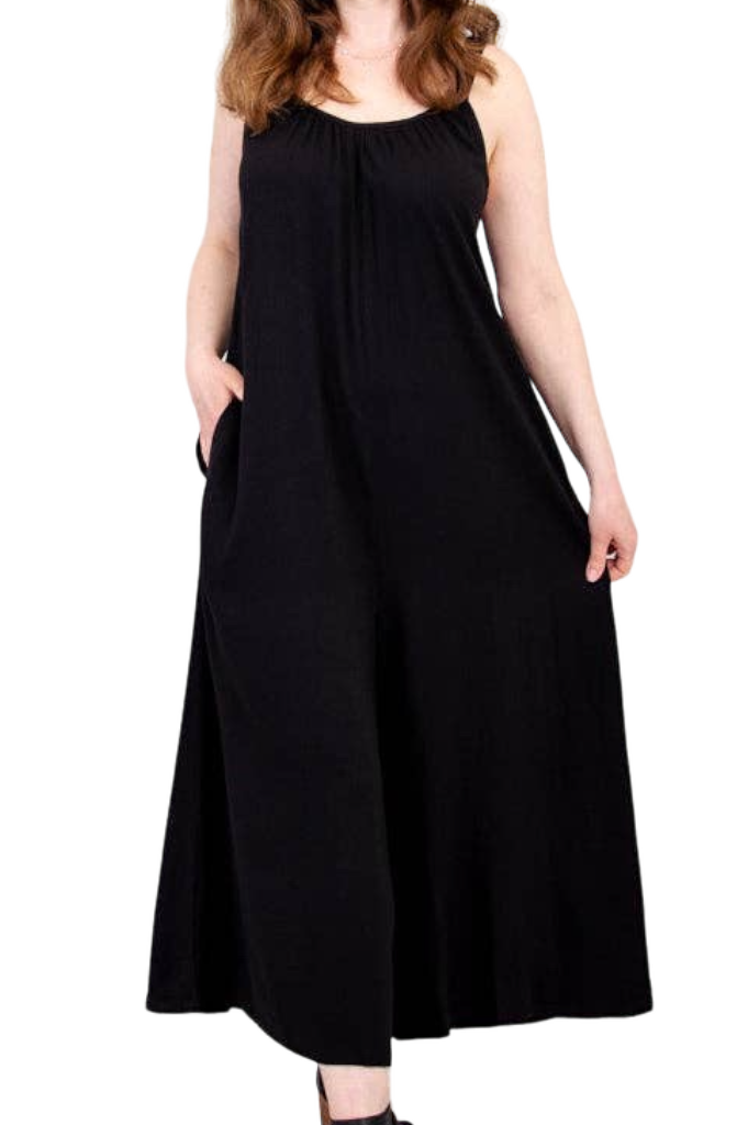 Joanna Black Linen Bamboo Jumpsuit by Blue Sky Clothing Co – Handmade ethical Jumpsuit from sariKNOTsari using upcycled silk. Designed in Canada for travel and slow fashion, loved from Toronto to LA to Sydney.