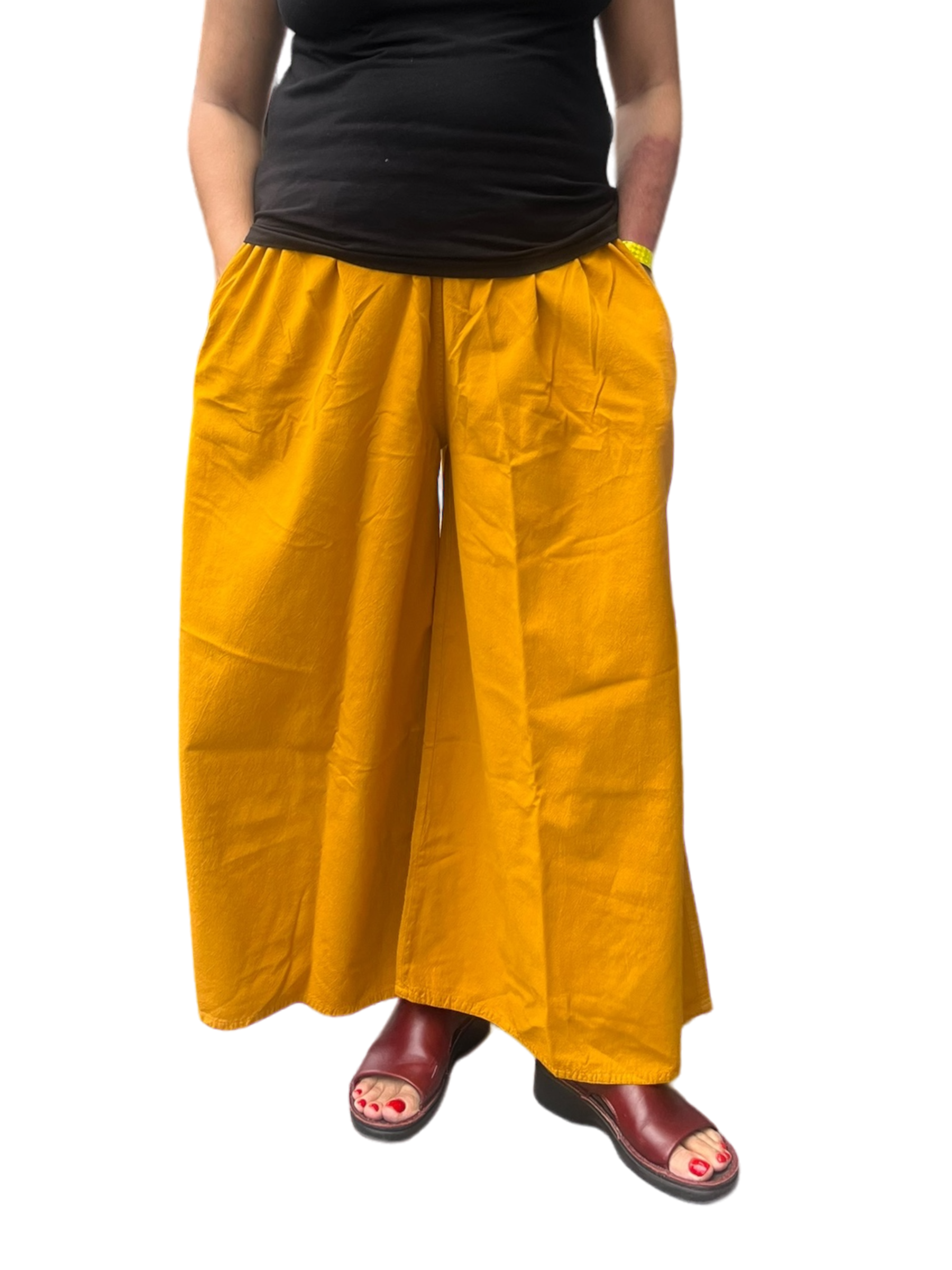 Mustard Cotton Palazzo Pants by Creative Design – Handmade ethical Pants/Skirt from sariKNOTsari using upcycled silk. Designed in Canada for travel and slow fashion, loved from Toronto to LA to Sydney. Featuring Zsiska, Bryn Walker and Artisan Leather coats by Rejean Pepin, Pepin designs