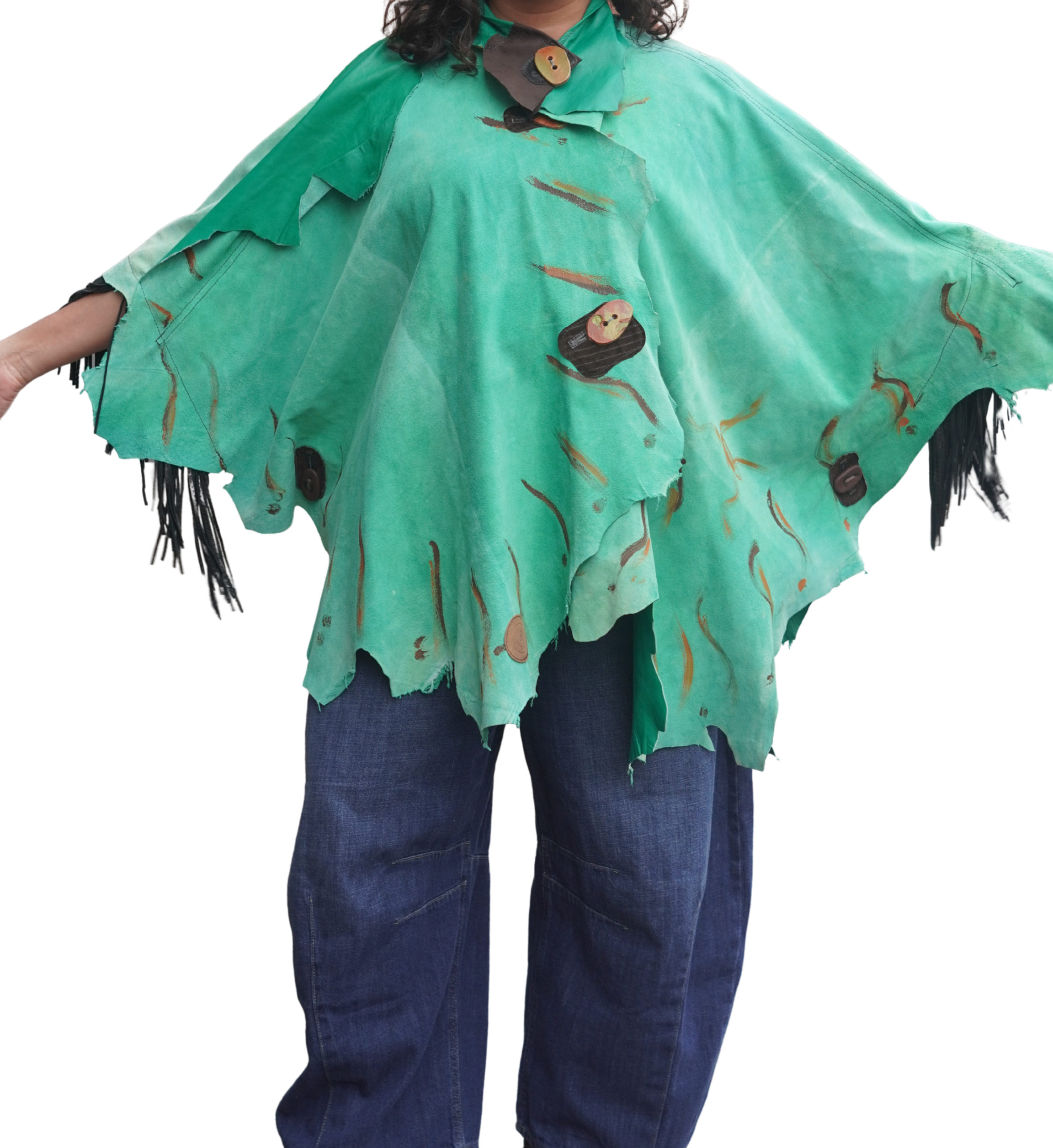 Hand-painted Lightweight Green Leather Fringed Cape by Pepin Designs