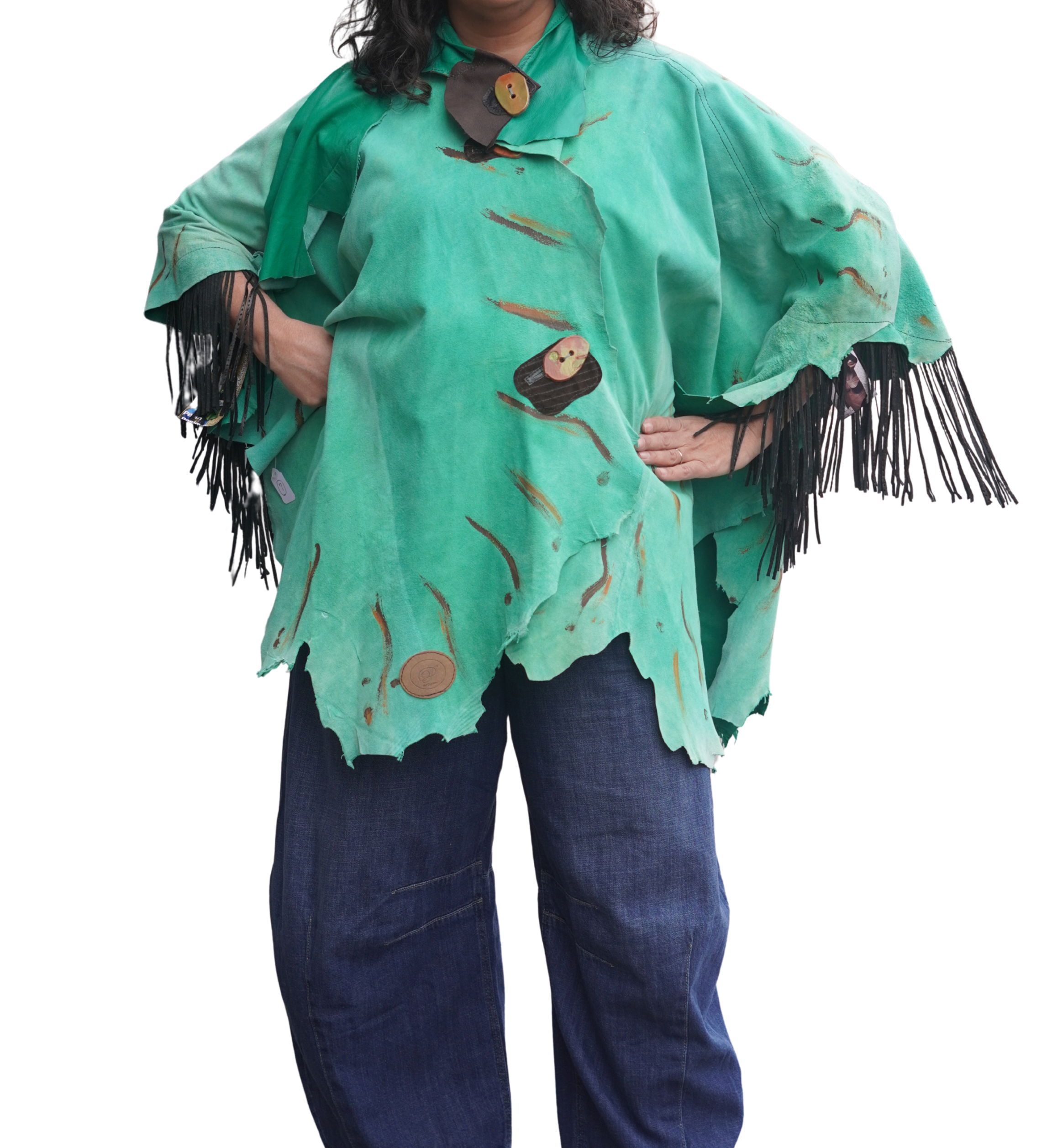 Hand-painted Lightweight Green Leather Fringed Cape by Pepin Designs