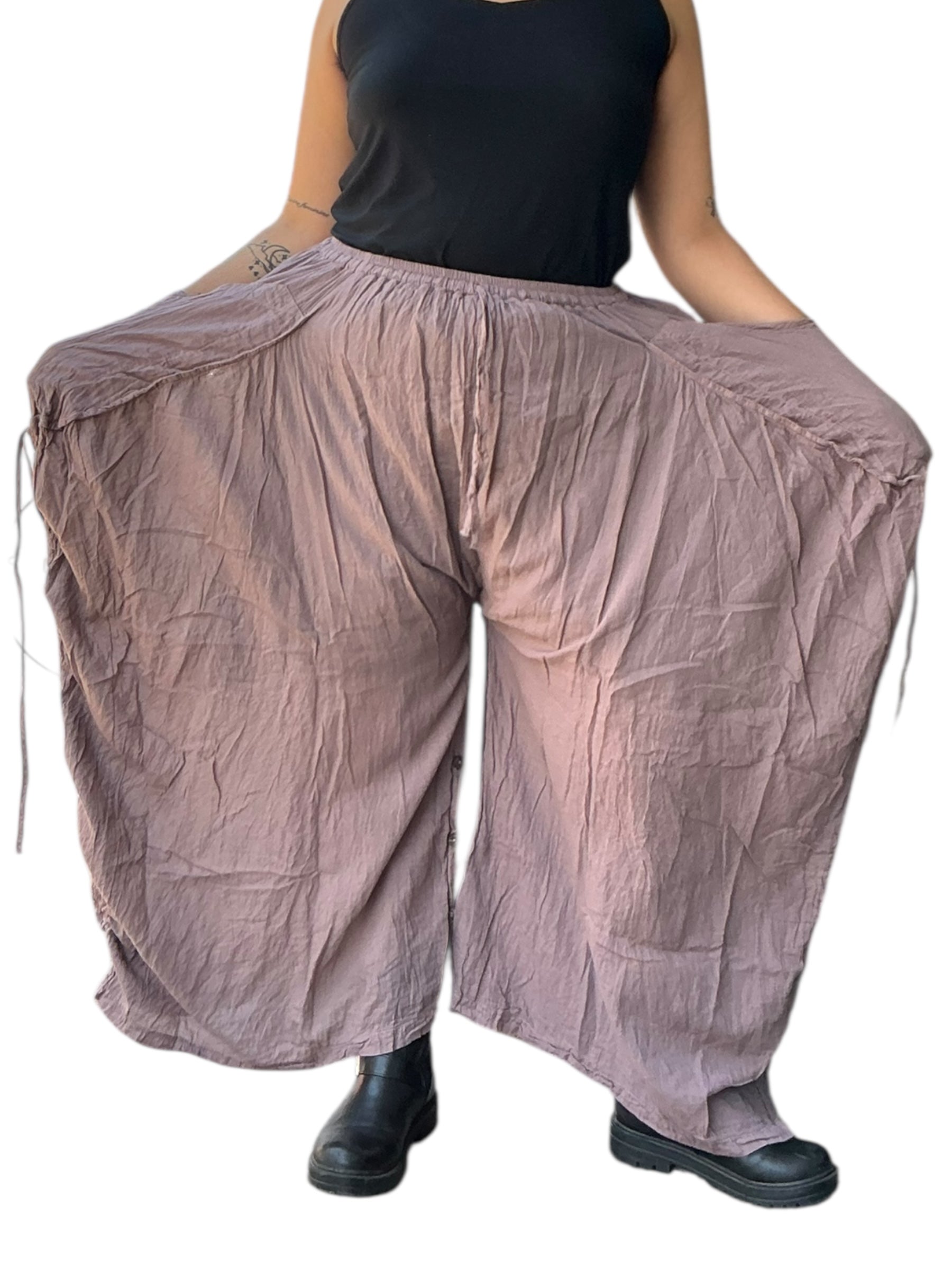Dusty Mauve Cotton Voile Tashi Versatile Pants/Skirt by Creative Design – Handmade ethical Pants/Skirt from sariKNOTsari using upcycled silk. Designed in Canada for travel and slow fashion, loved from Toronto to LA to Sydney. Featuring Zsiska, Bryn Walker and Artisan Leather coats by Rejean Pepin, Pepin designs