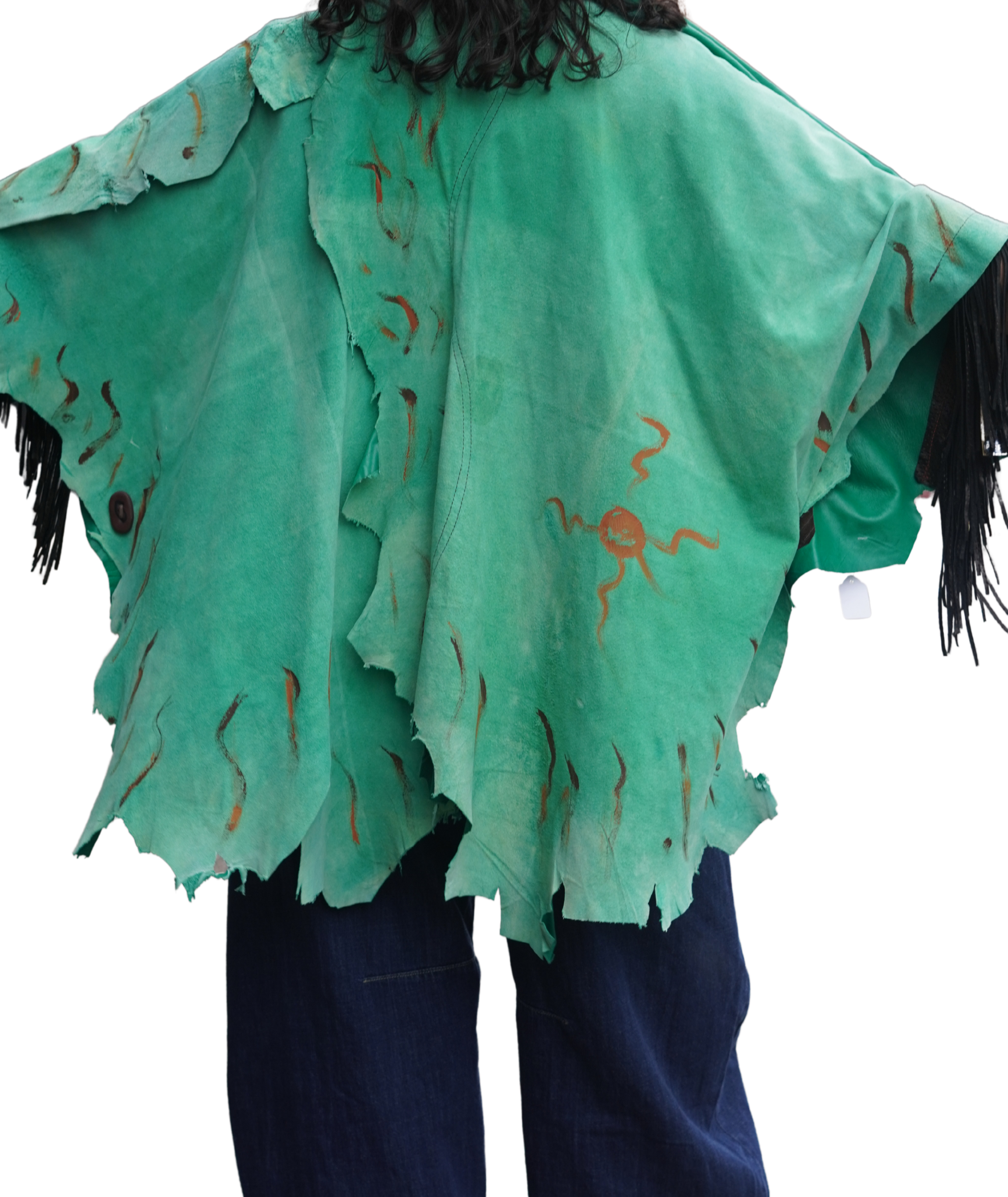Hand-painted Lightweight Green Leather Fringed Cape by Pepin Designs