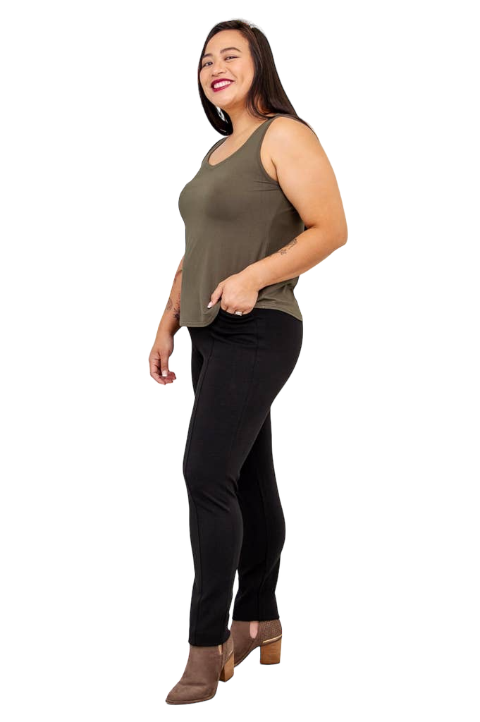 Khaki Bamboo Ritzy Tank by Blue Sky Clothing Co – Handmade ethical Tank Top from sariKNOTsari using upcycled silk. Designed in Canada for travel and slow fashion, loved from Toronto to LA to Sydney. Featuring Zsiska, Bryn Walker and Artisan Leather coats by Rejean Pepin, Pepin designs