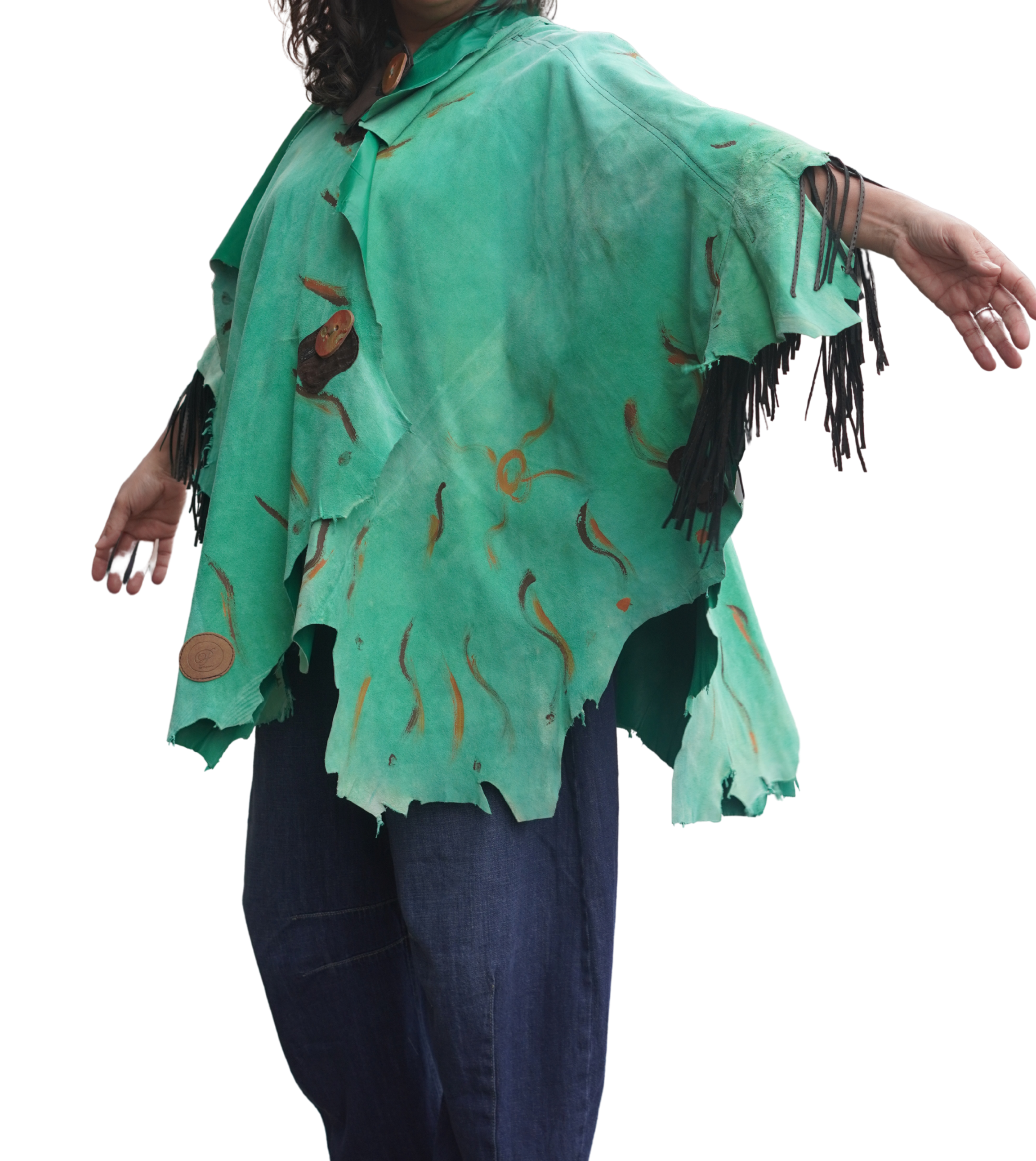 Hand-painted Lightweight Green Leather Fringed Cape by Pepin Designs