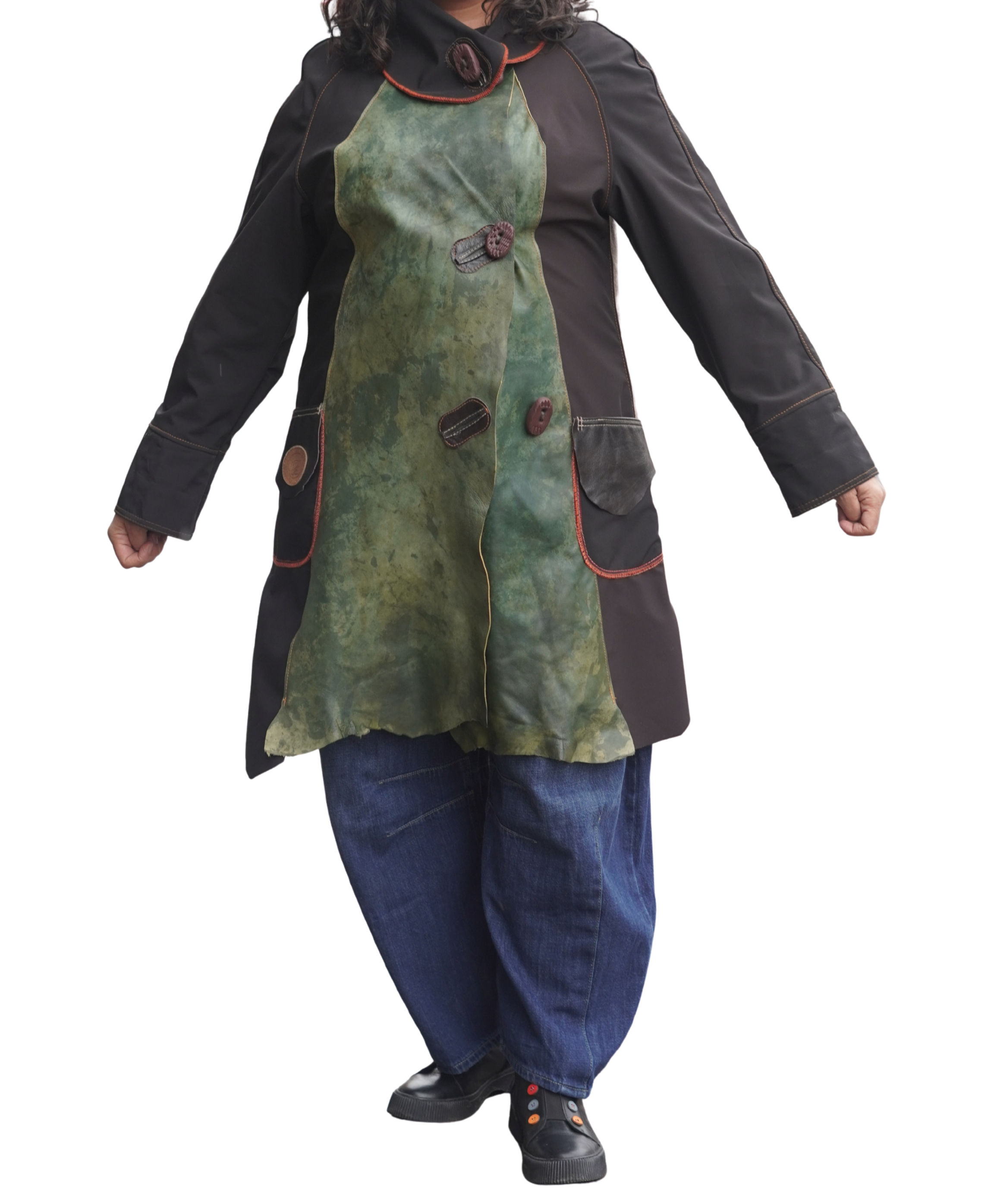 Three Quarter Length Lightweight acket with Green Leather on Grey and Beige by Pepin Designs