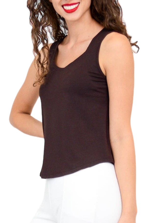 Coffee Brown Bamboo Ritzy Tank by Blue Sky Clothing Co – Handmade ethical Tank Top from sariKNOTsari using upcycled silk. Designed in Canada for travel and slow fashion, loved from Toronto to LA to Sydney. Featuring Zsiska, Bryn Walker and Artisan Leather coats by Rejean Pepin, Pepin designs