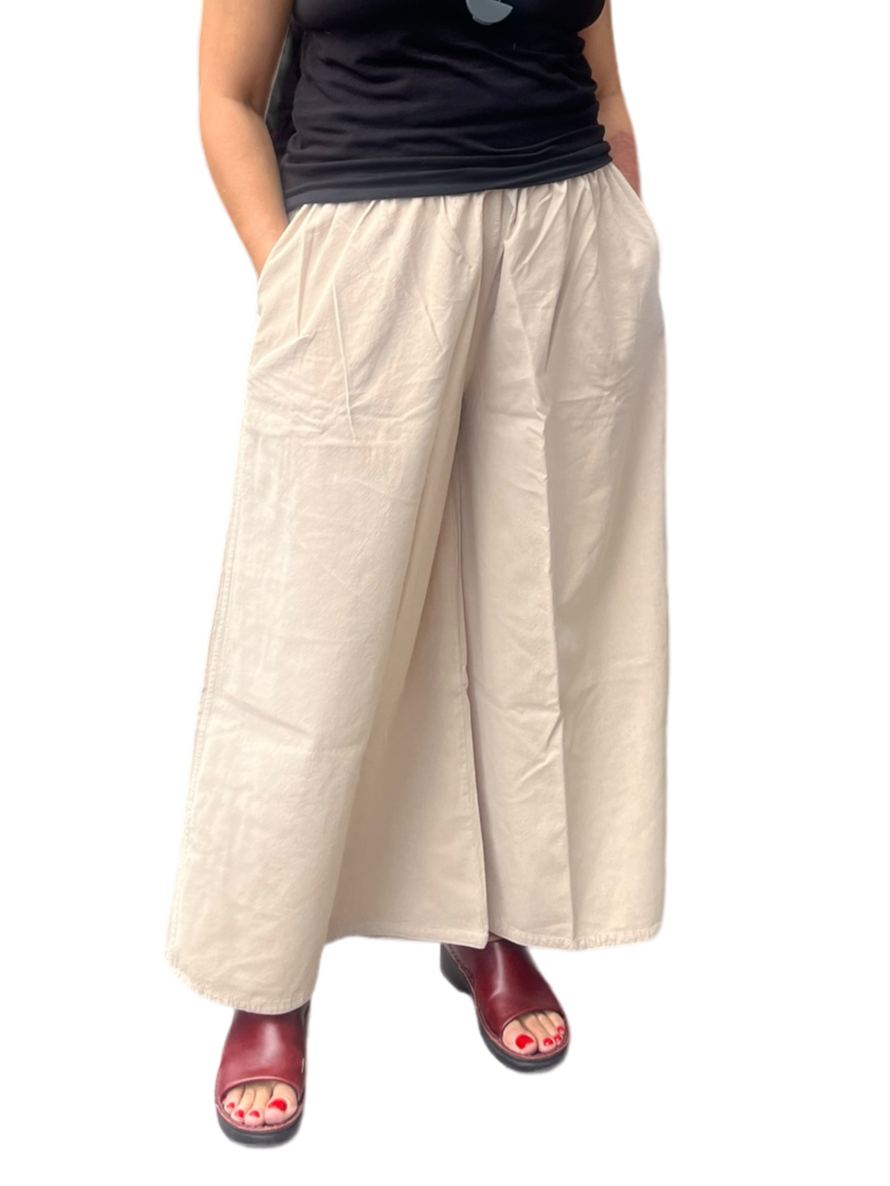 Oatmeal Cotton Palazzo Pants by Creative Design – Handmade ethical Pants/Skirt from sariKNOTsari using upcycled silk. Designed in Canada for travel and slow fashion, loved from Toronto to LA to Sydney. Featuring Zsiska, Bryn Walker and Artisan Leather coats by Rejean Pepin, Pepin designs
