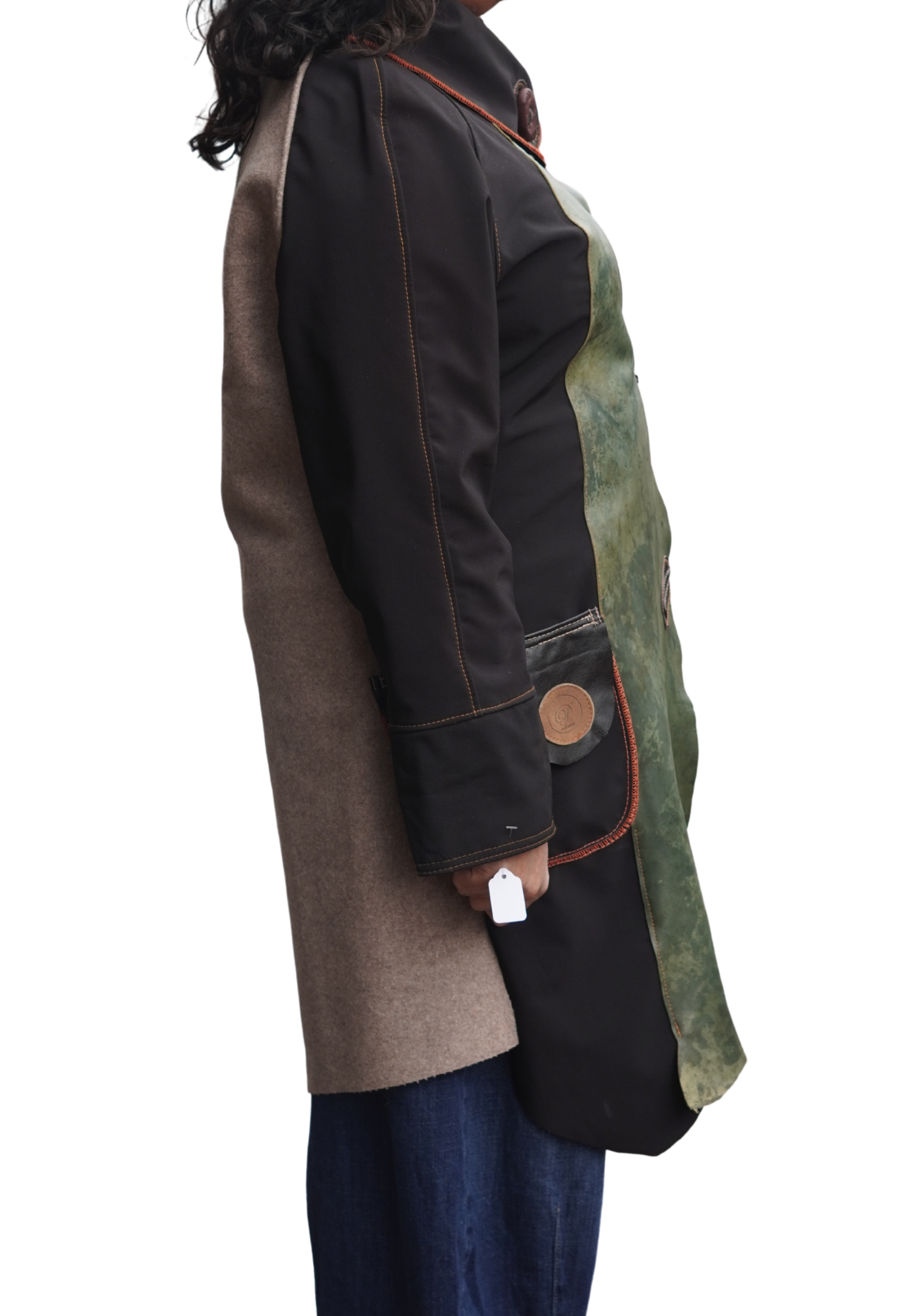 Three Quarter Length Lightweight acket with Green Leather on Grey and Beige by Pepin Designs