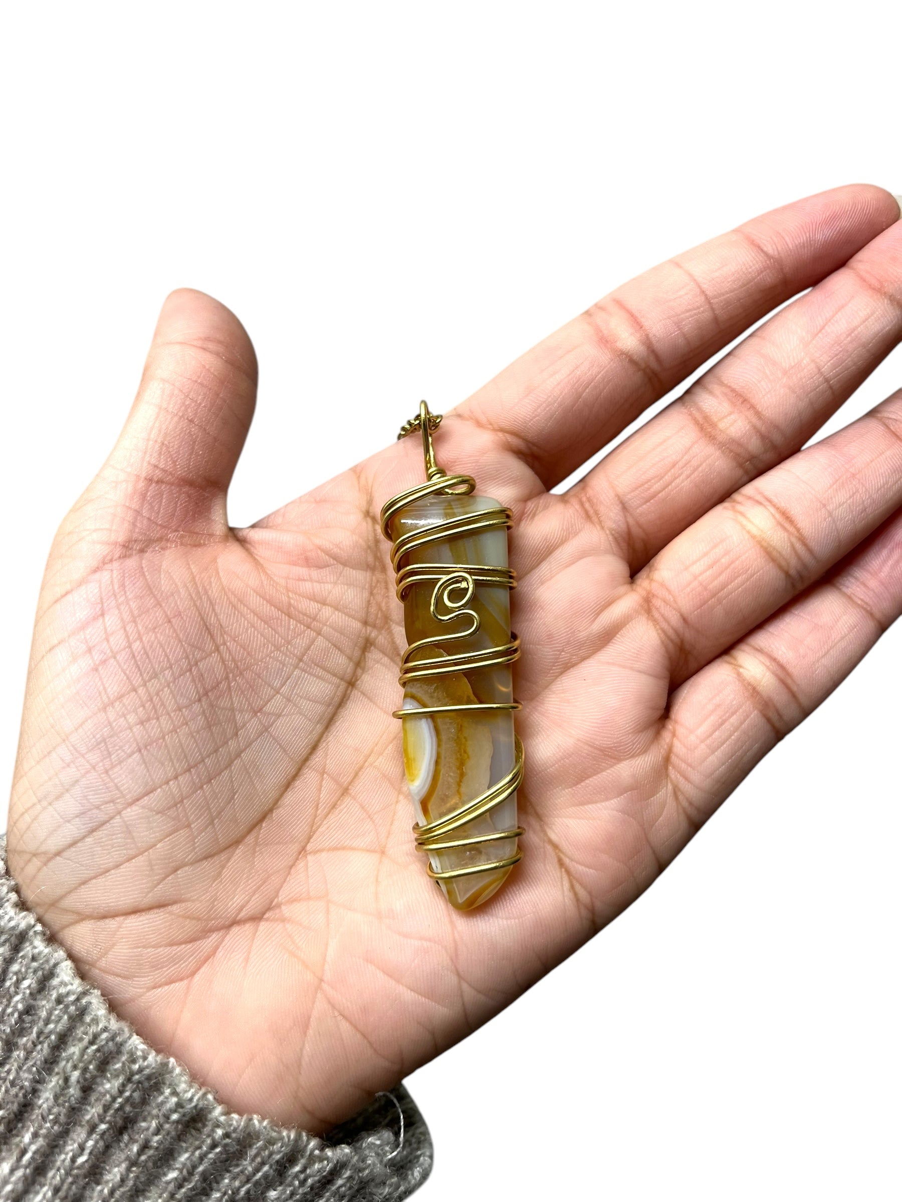Agate Specialty Crystal Necklace - Gold by Wrapped By Rachel – Handmade ethical Necklace from sariKNOTsari using upcycled silk. Designed in Canada for travel and slow fashion, loved from Toronto to LA to Sydney. Featuring Zsiska, Bryn Walker and Artisan Leather coats by Rejean Pepin, Pepin designs