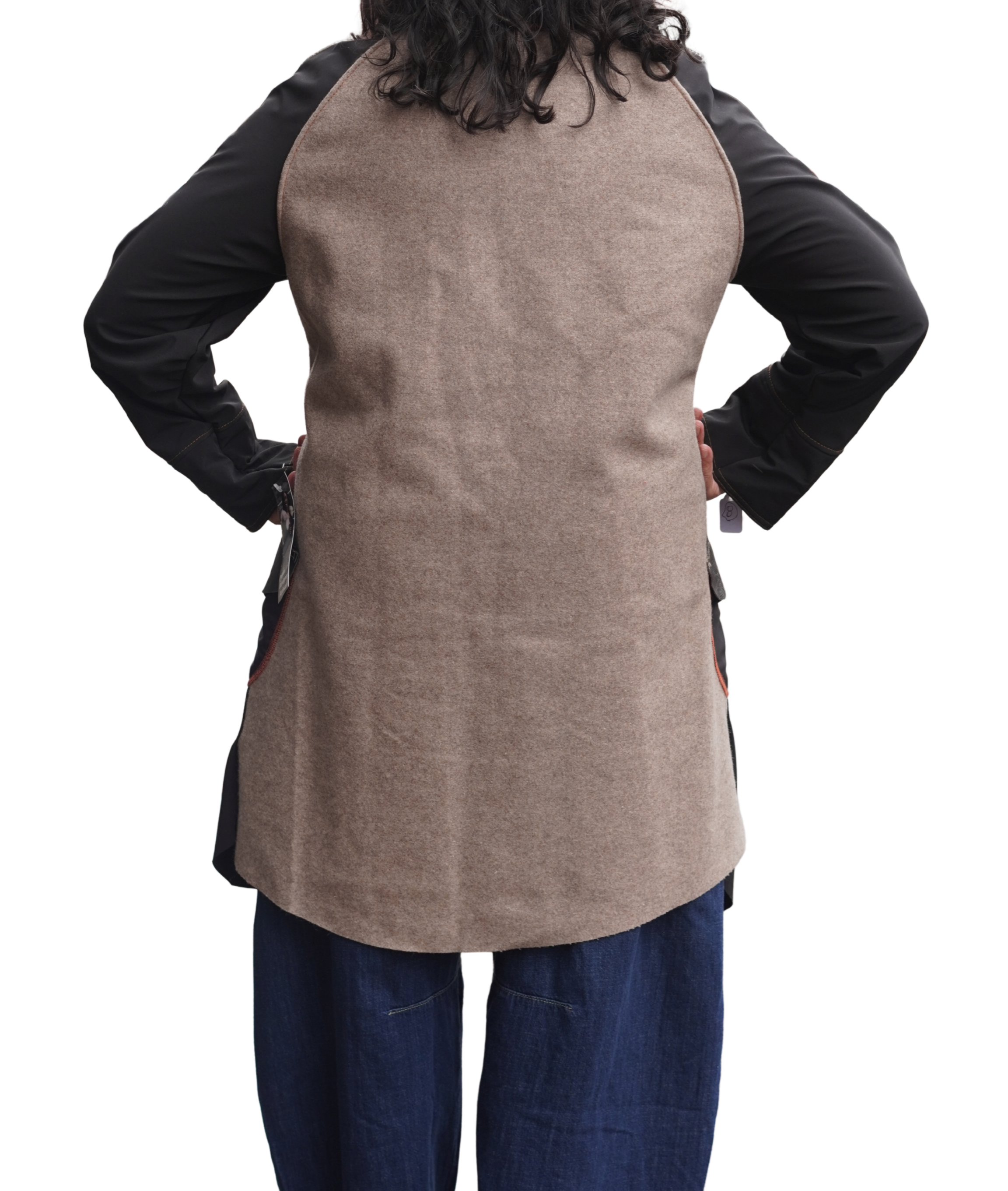 Three Quarter Length Lightweight acket with Green Leather on Grey and Beige by Pepin Designs