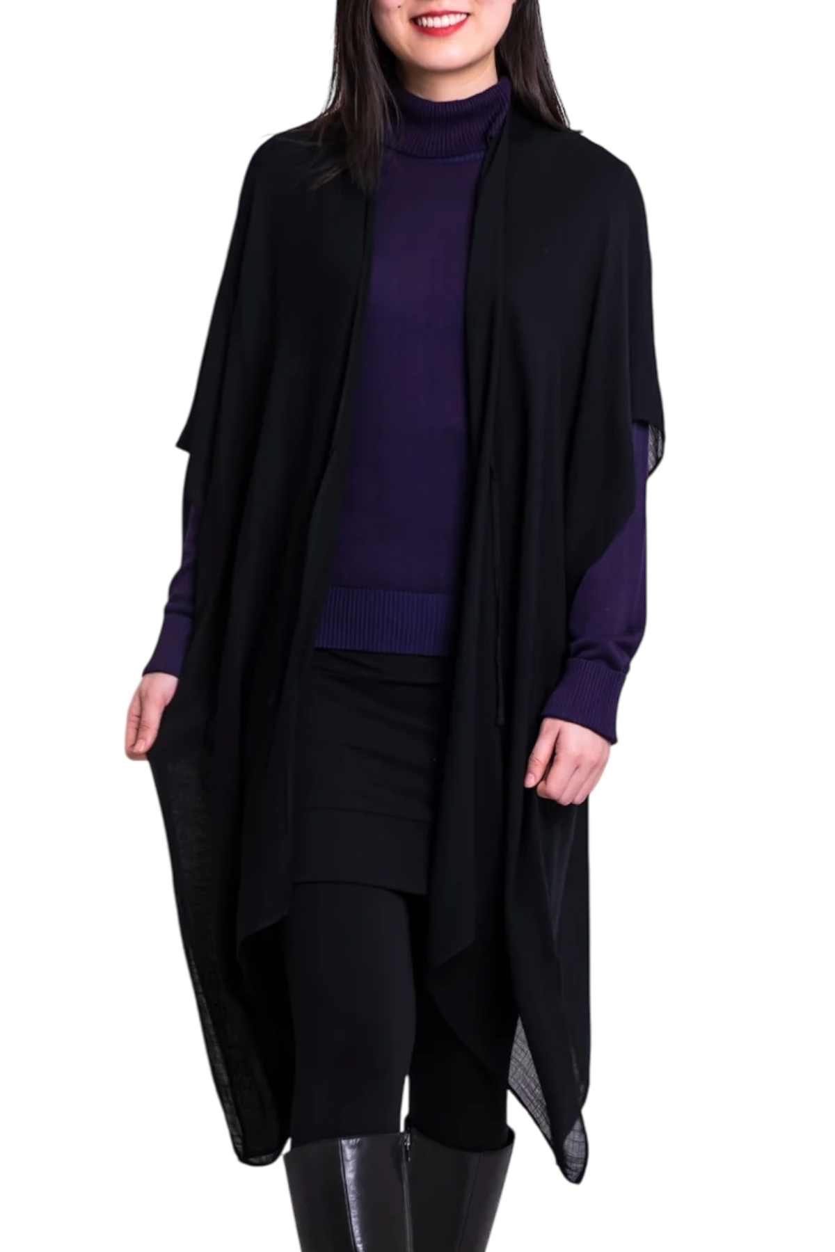 Darcy Black Lightweight Open Cardigan by Blue Sky Clothing Co – Handmade ethical Topper from sariKNOTsari using upcycled silk. Designed in Canada for travel and slow fashion, loved from Toronto to LA to Sydney.