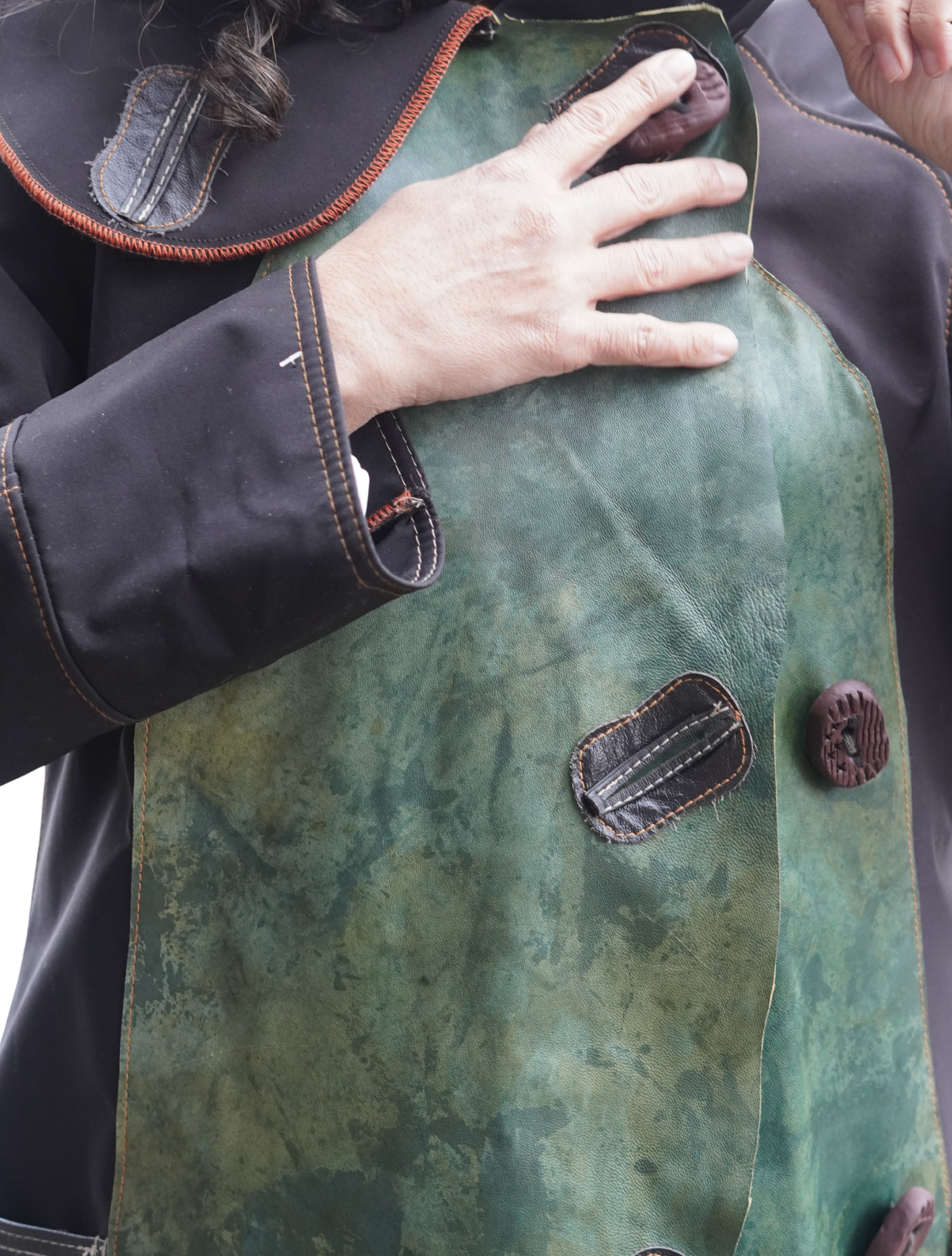 Three Quarter Length Lightweight acket with Green Leather on Grey and Beige by Pepin Designs