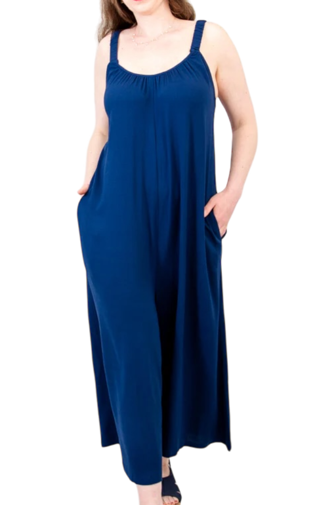 Joanna Indigo Linen Bamboo Jumpsuit by Blue Sky Clothing Co – Handmade ethical Jumpsuit from sariKNOTsari using upcycled silk. Designed in Canada for travel and slow fashion, loved from Toronto to LA to Sydney. Featuring Zsiska, Bryn Walker and Artisan Leather coats by Rejean Pepin, Pepin designs