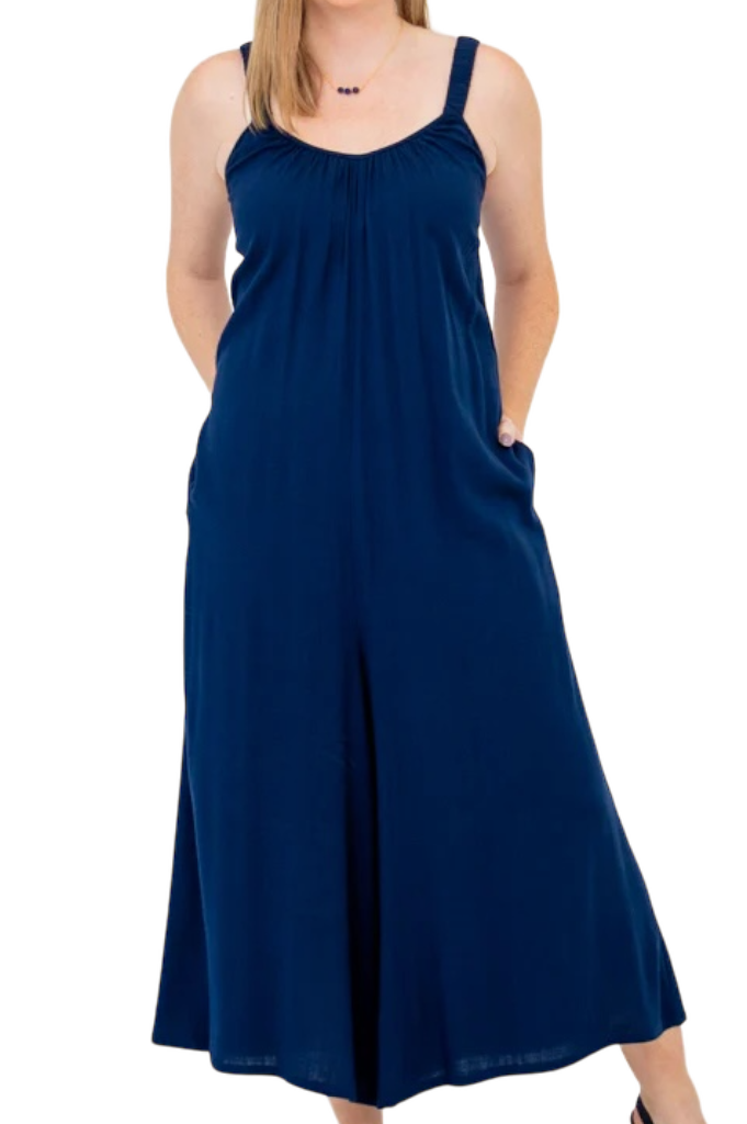 Joanna Indigo Linen Bamboo Jumpsuit by Blue Sky Clothing Co – Handmade ethical Jumpsuit from sariKNOTsari using upcycled silk. Designed in Canada for travel and slow fashion, loved from Toronto to LA to Sydney. Featuring Zsiska, Bryn Walker and Artisan Leather coats by Rejean Pepin, Pepin designs
