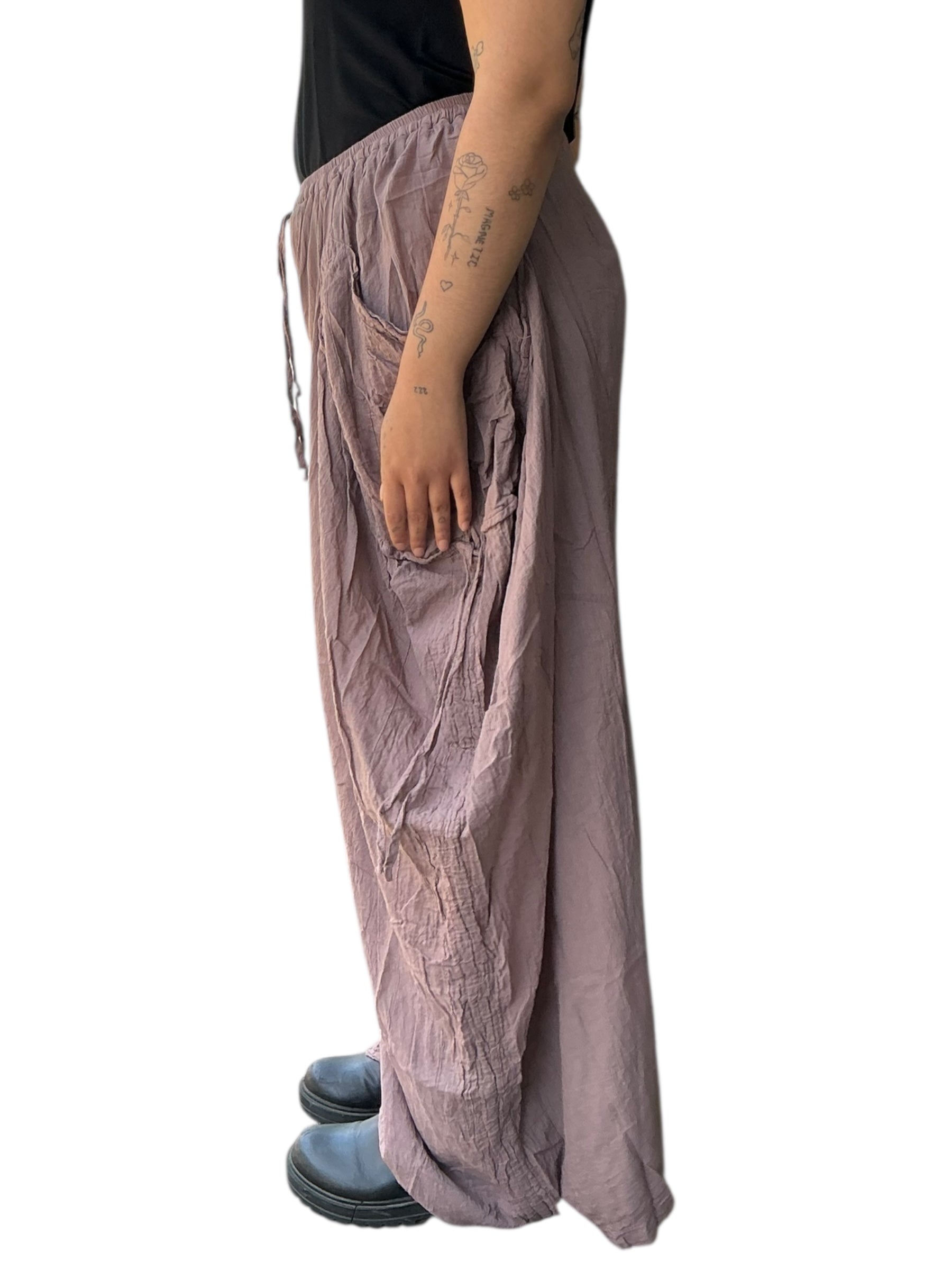 Dusty Mauve Cotton Voile Tashi Versatile Pants/Skirt by Creative Design – Handmade ethical Pants/Skirt from sariKNOTsari using upcycled silk. Designed in Canada for travel and slow fashion, loved from Toronto to LA to Sydney. Featuring Zsiska, Bryn Walker and Artisan Leather coats by Rejean Pepin, Pepin designs