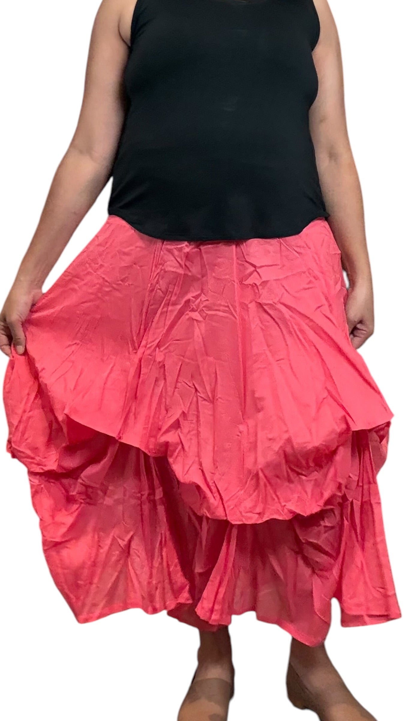 Coral Gathered Bubble Cotton Voile Tiered Skirt