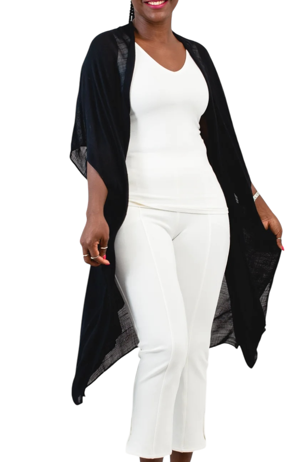 Darcy Black Lightweight Open Cardigan by Blue Sky Clothing Co – Handmade ethical Topper from sariKNOTsari using upcycled silk. Designed in Canada for travel and slow fashion, loved from Toronto to LA to Sydney.