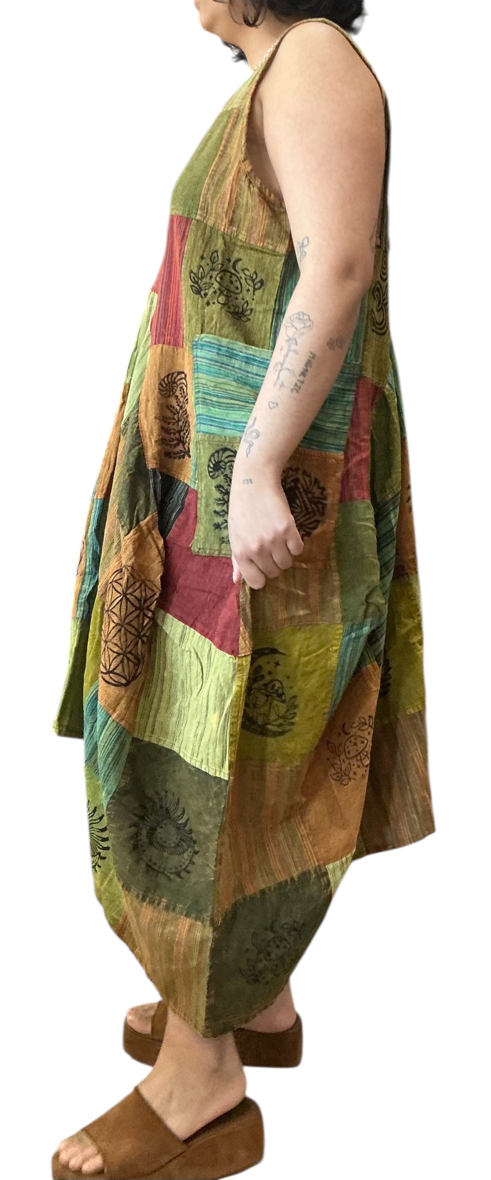 Yellow Patchwork Cotton Parachute Dress with Pockets