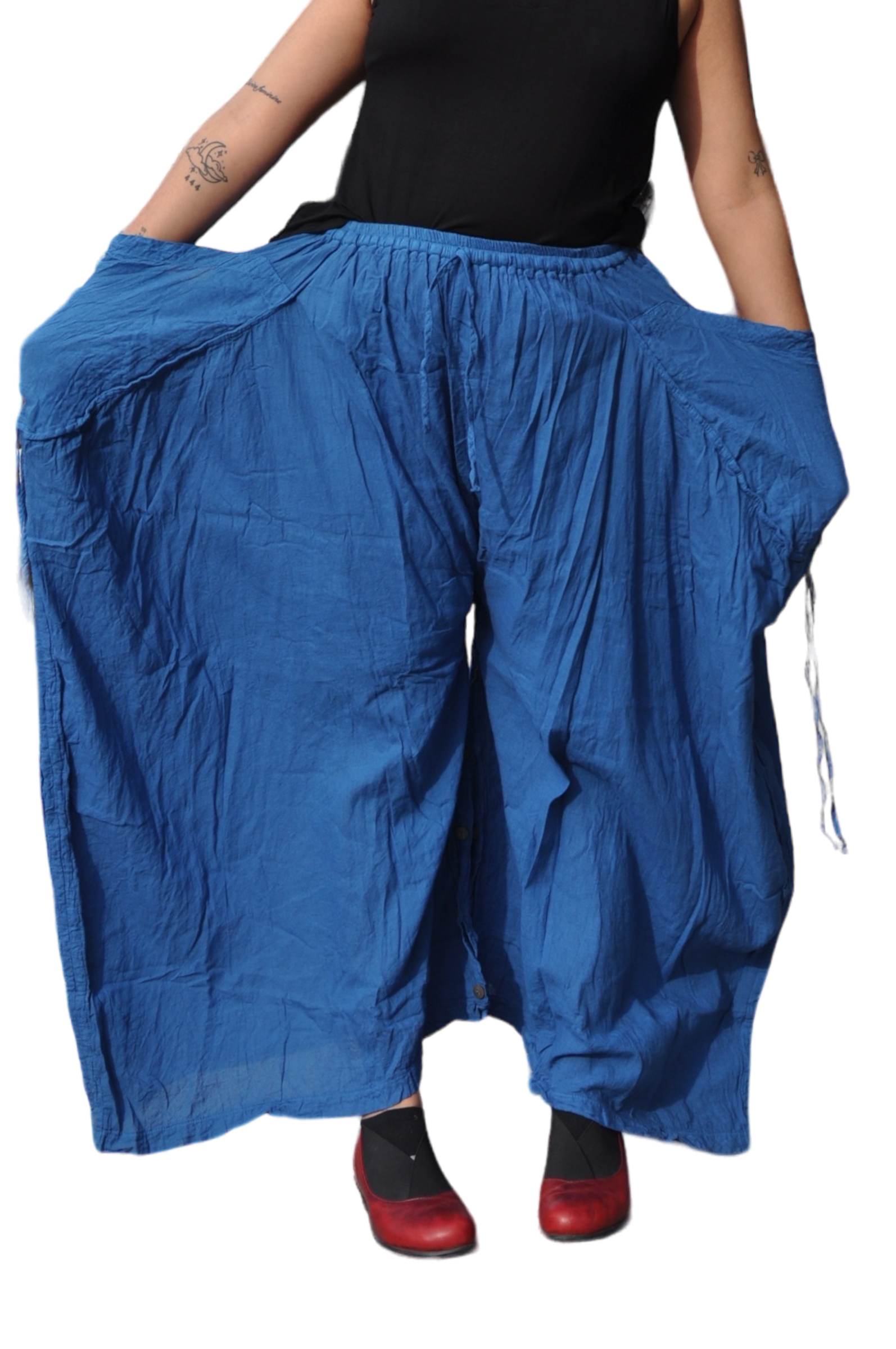 Deep Sky Blue Cotton Voile Tashi Versatile Pants/Skirt by Creative Design – Handmade ethical Pants/Skirt from sariKNOTsari using upcycled silk. Designed in Canada for travel and slow fashion, loved from Toronto to LA to Sydney. Featuring Zsiska, Bryn Walker and Artisan Leather coats by Rejean Pepin, Pepin designs