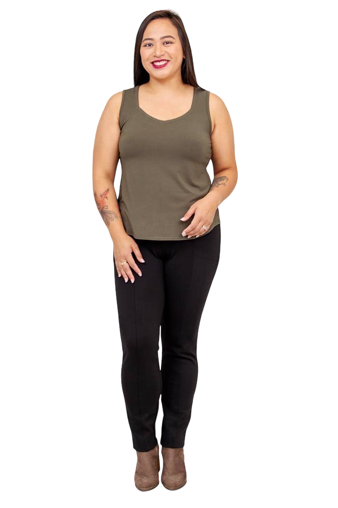 Khaki Bamboo Ritzy Tank by Blue Sky Clothing Co – Handmade ethical Tank Top from sariKNOTsari using upcycled silk. Designed in Canada for travel and slow fashion, loved from Toronto to LA to Sydney. Featuring Zsiska, Bryn Walker and Artisan Leather coats by Rejean Pepin, Pepin designs