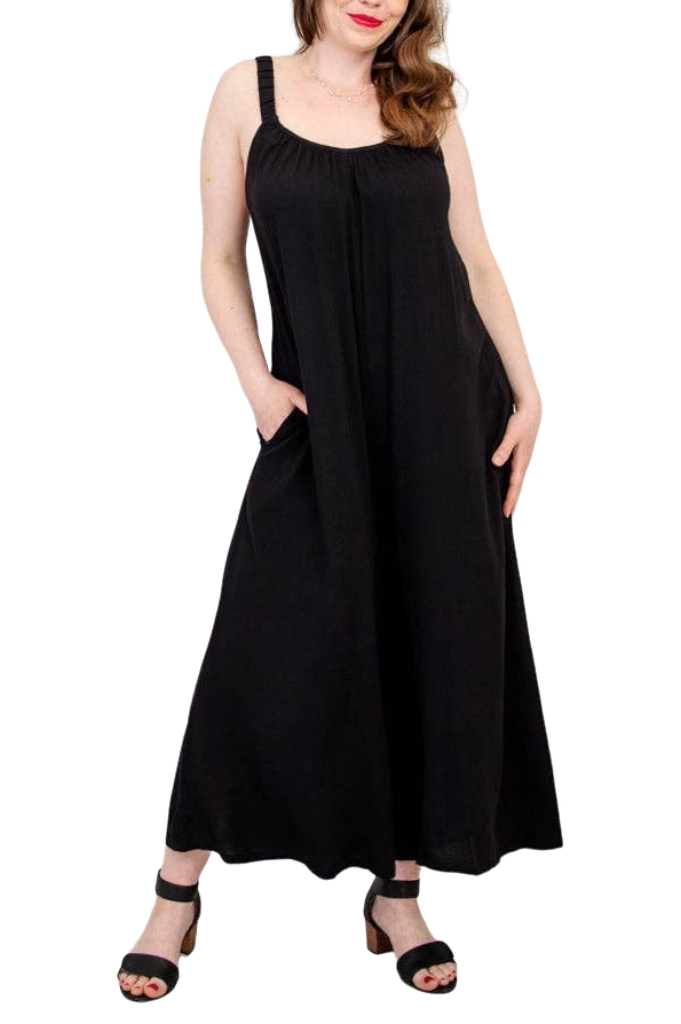 Joanna Black Linen Bamboo Jumpsuit by Blue Sky Clothing Co – Handmade ethical Jumpsuit from sariKNOTsari using upcycled silk. Designed in Canada for travel and slow fashion, loved from Toronto to LA to Sydney.