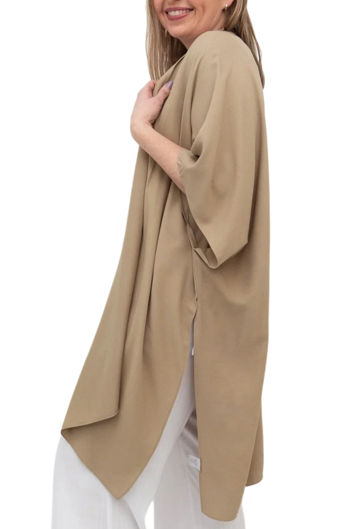 Viscacha Beige Lightweight Open Darcy Cardigan by Blue Sky Clothing Co – Handmade ethical Topper from sariKNOTsari using upcycled silk. Designed in Canada for travel and slow fashion, loved from Toronto to LA to Sydney. Featuring Zsiska, Bryn Walker and Artisan Leather coats by Rejean Pepin, Pepin designs