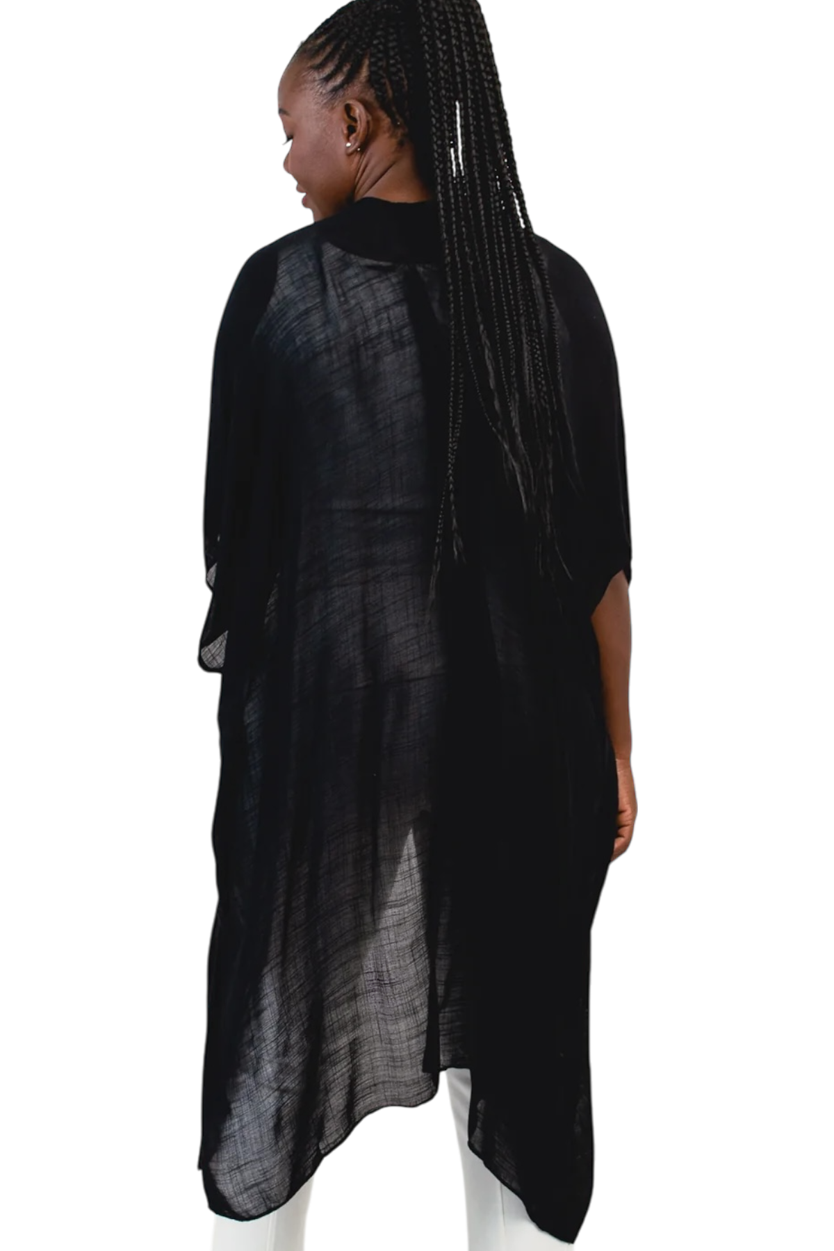 Darcy Black Lightweight Open Cardigan by Blue Sky Clothing Co – Handmade ethical Topper from sariKNOTsari using upcycled silk. Designed in Canada for travel and slow fashion, loved from Toronto to LA to Sydney.